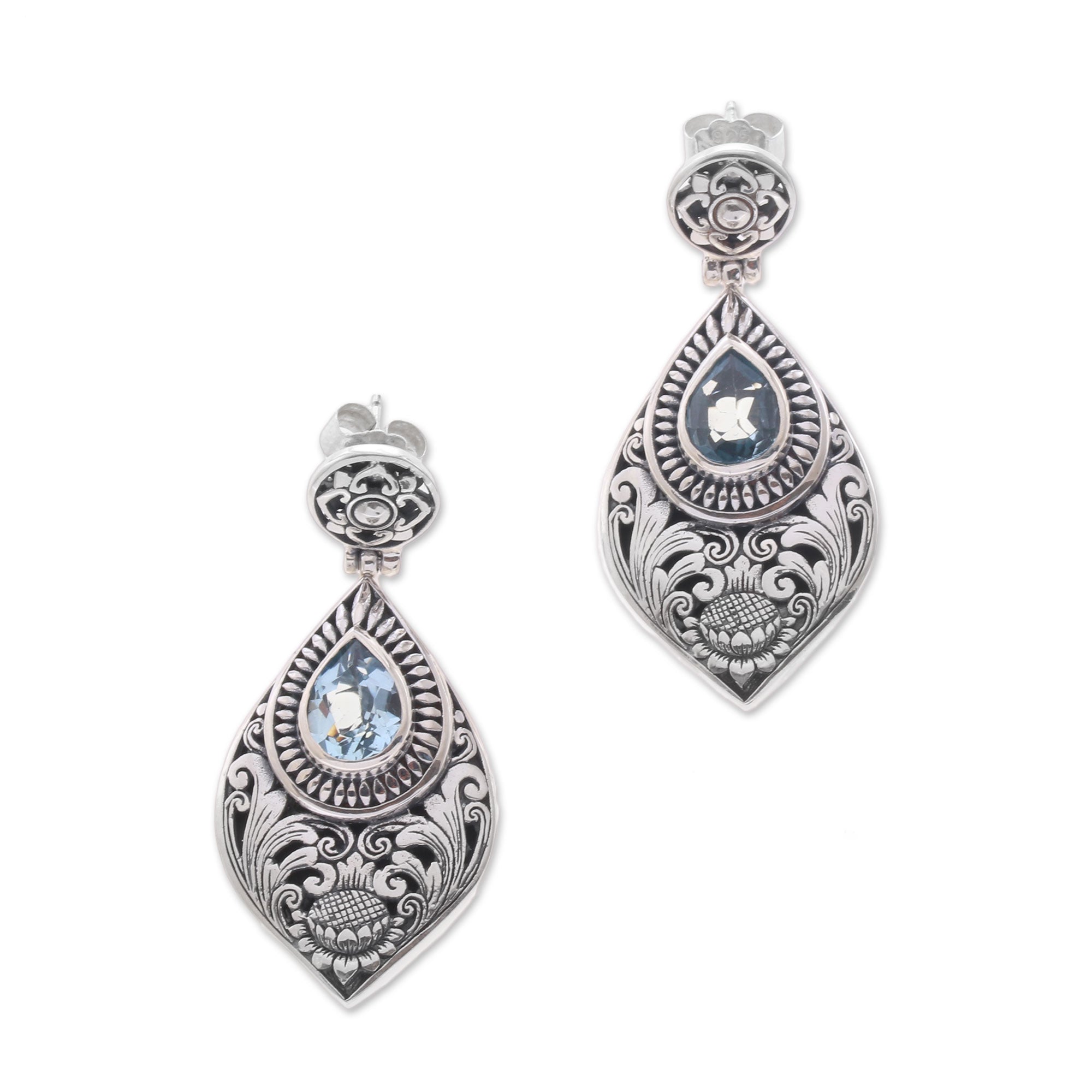 Premium Tari Lotus Blue Topaz & Silver Dangle Earrings - Handcrafted Elegance