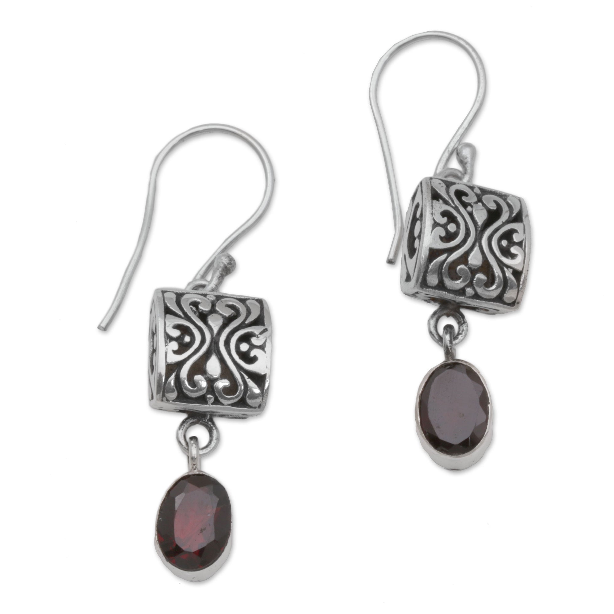 Premium Red Horizon Sterling Silver & Garnet Dangle Earrings - Handcrafted in Bali