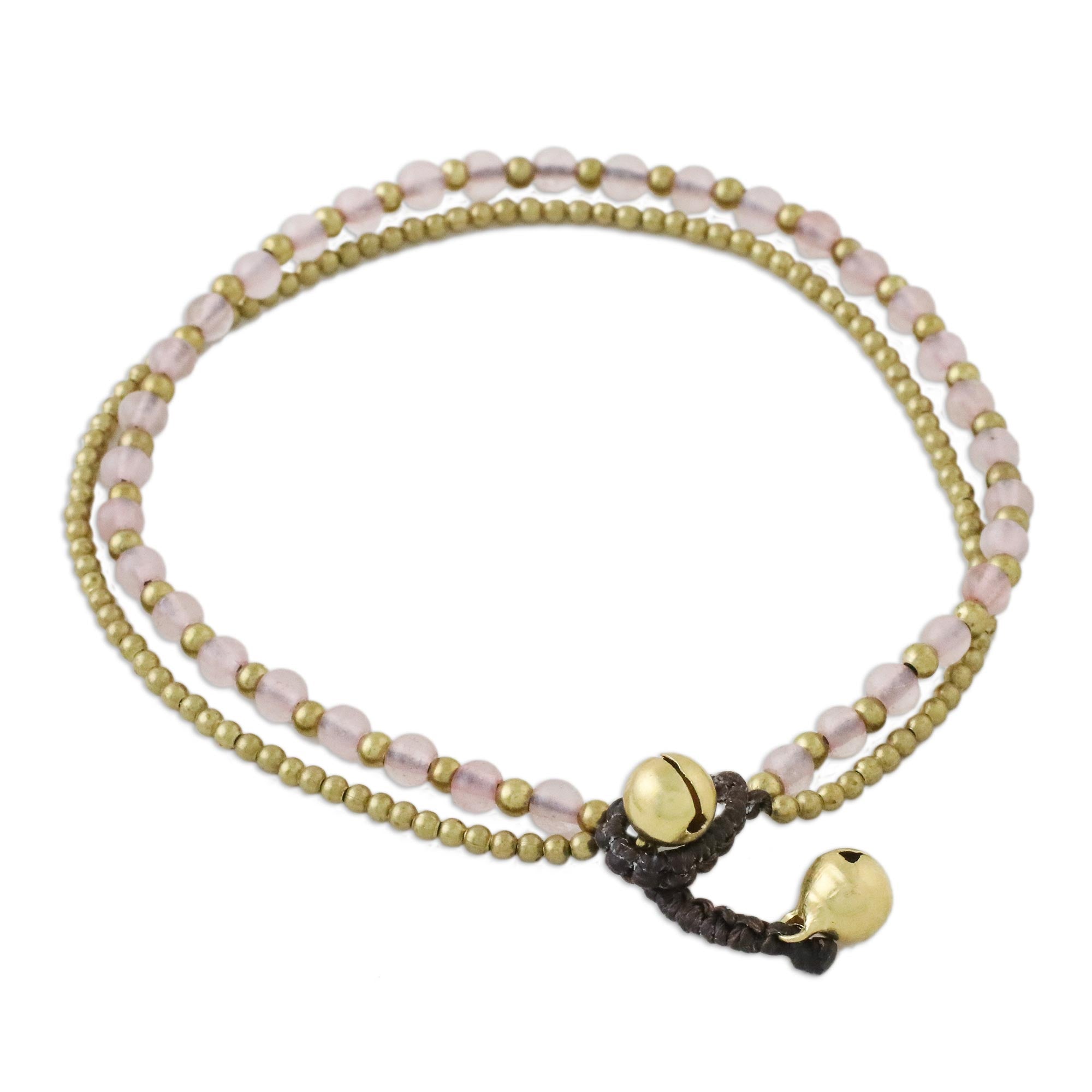 Premium Rose Quartz & Brass Adjustable Anklet with Bells - Handcrafted in Thailand