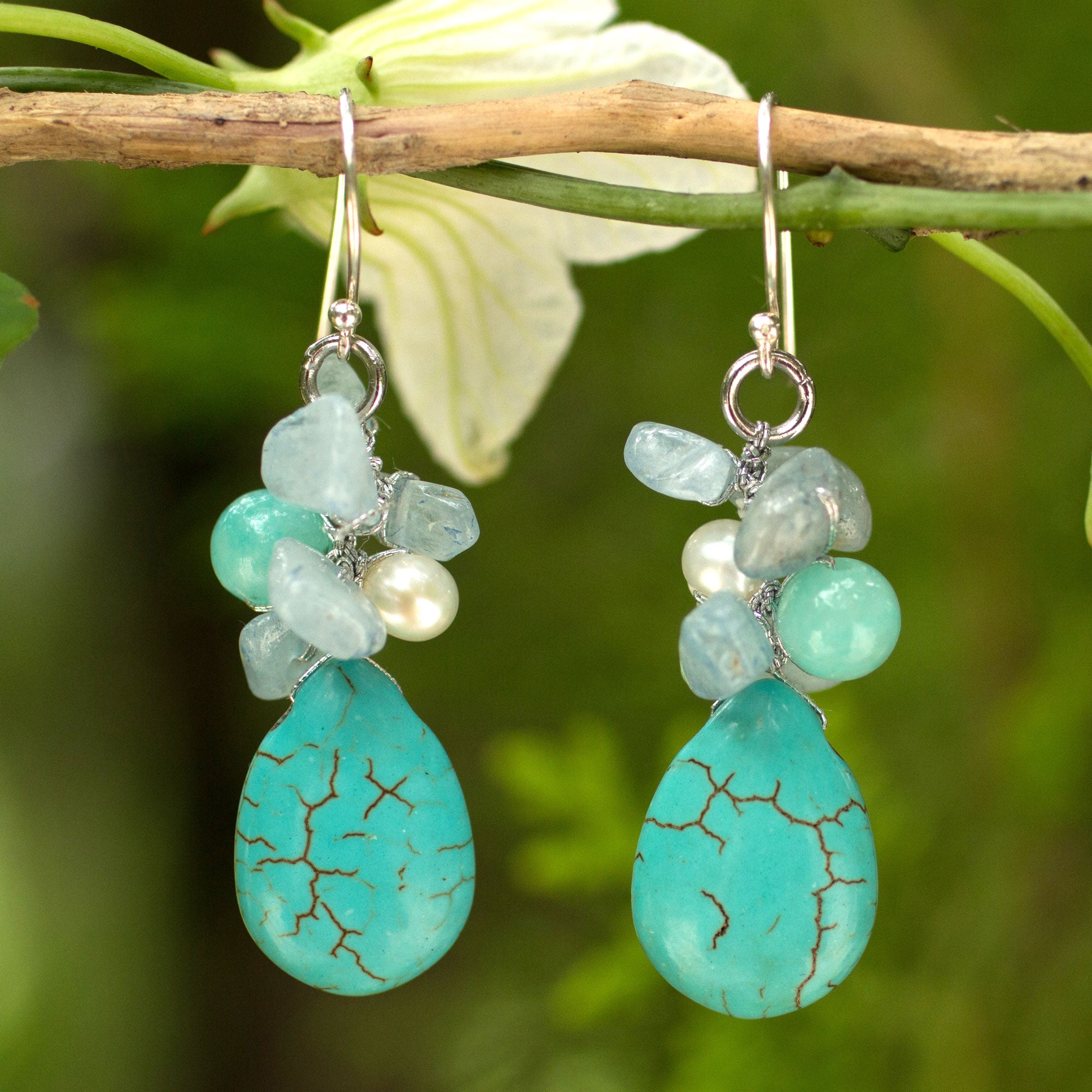 Premium Handmade Pearl & Aquamarine Blue Calcite Earrings – Thailand Artisan Craft