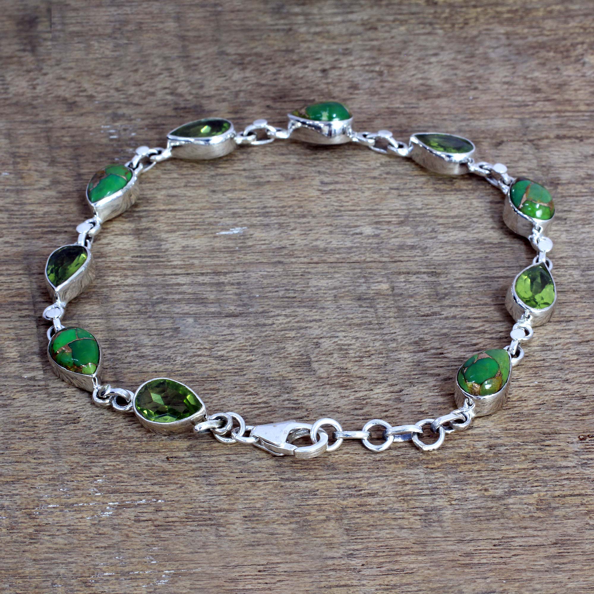 Premium Peridot & Turquoise Sterling Silver Bracelet - Handcrafted in India