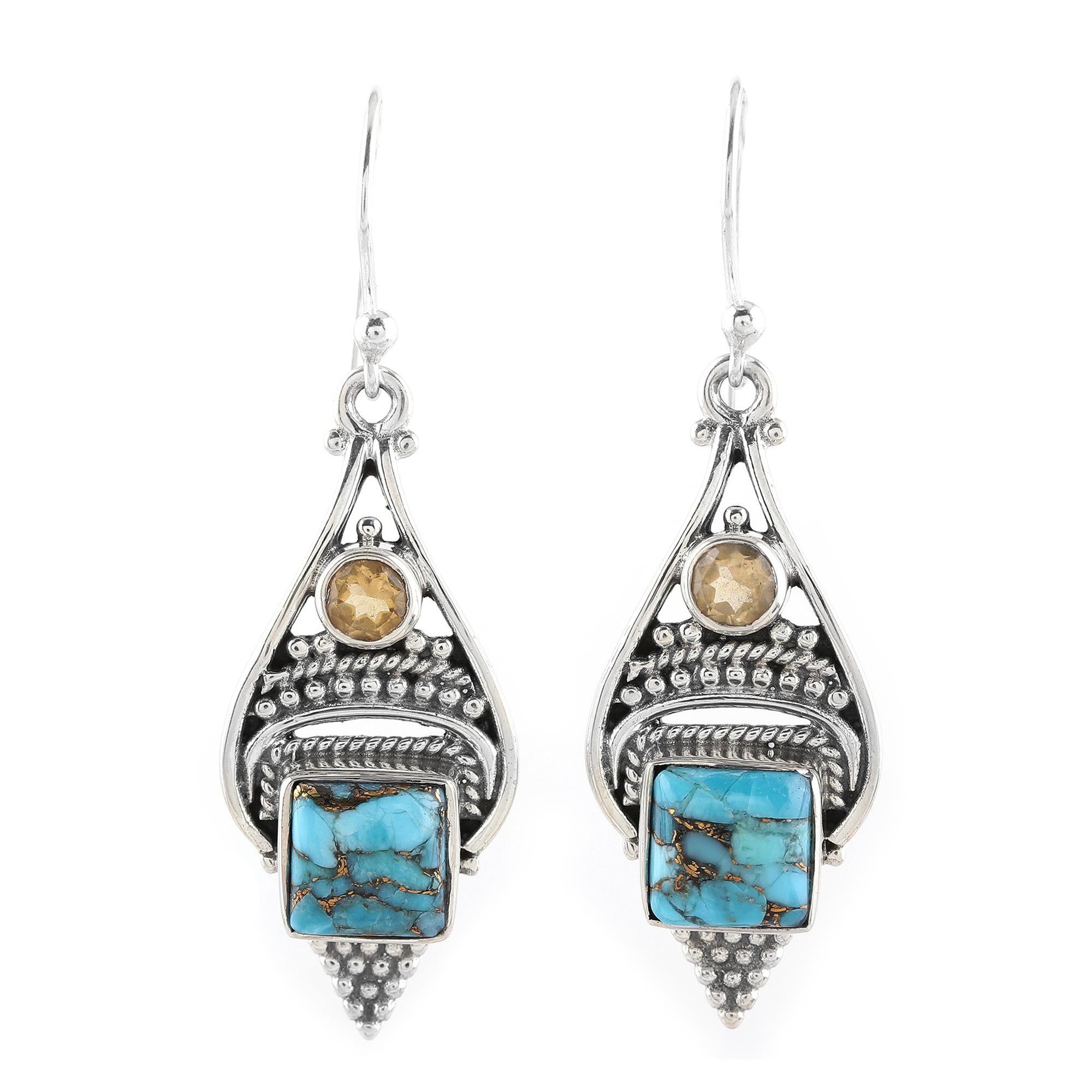 Premium Mythic Ocean Citrine & Turquoise Dangle Earrings - Handcrafted Sterling Silver