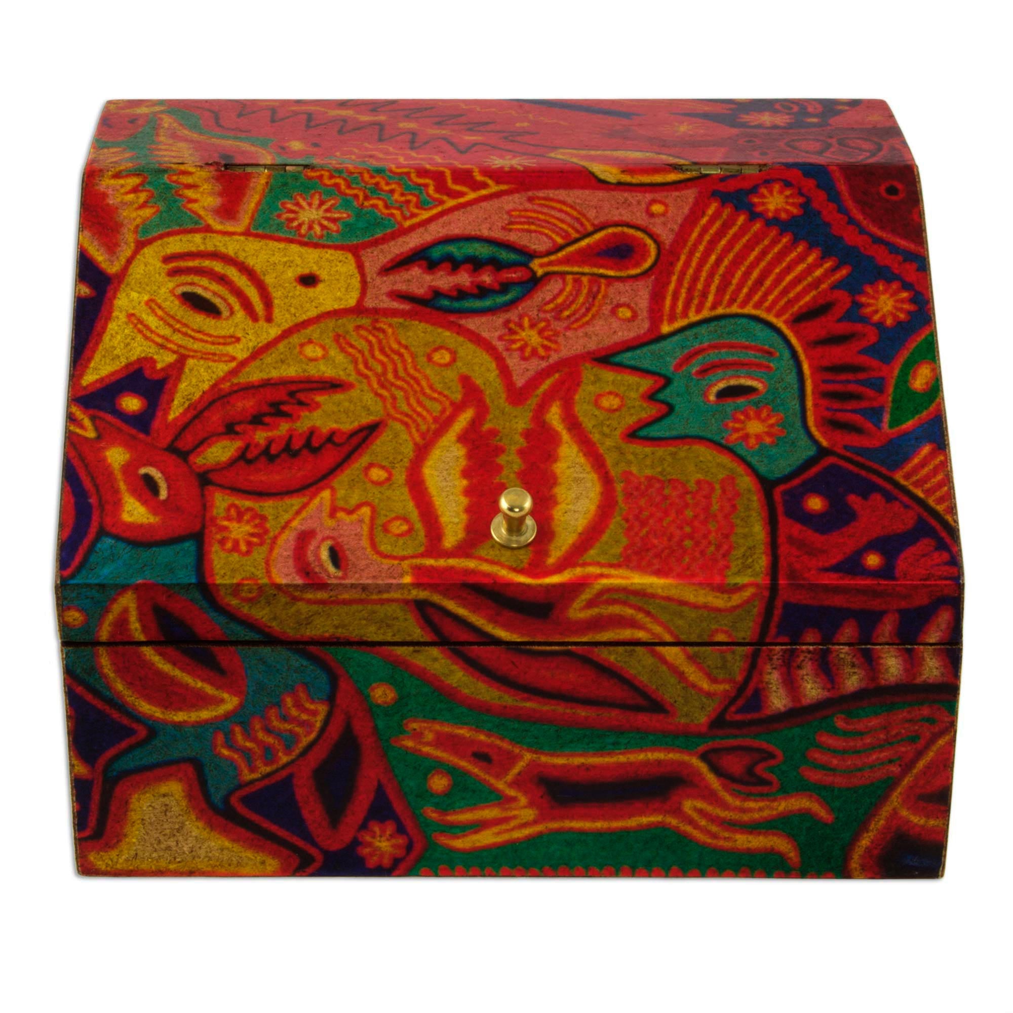 Premium Huichol Art Jewelry Box - Handcrafted Decoupage Wood Design