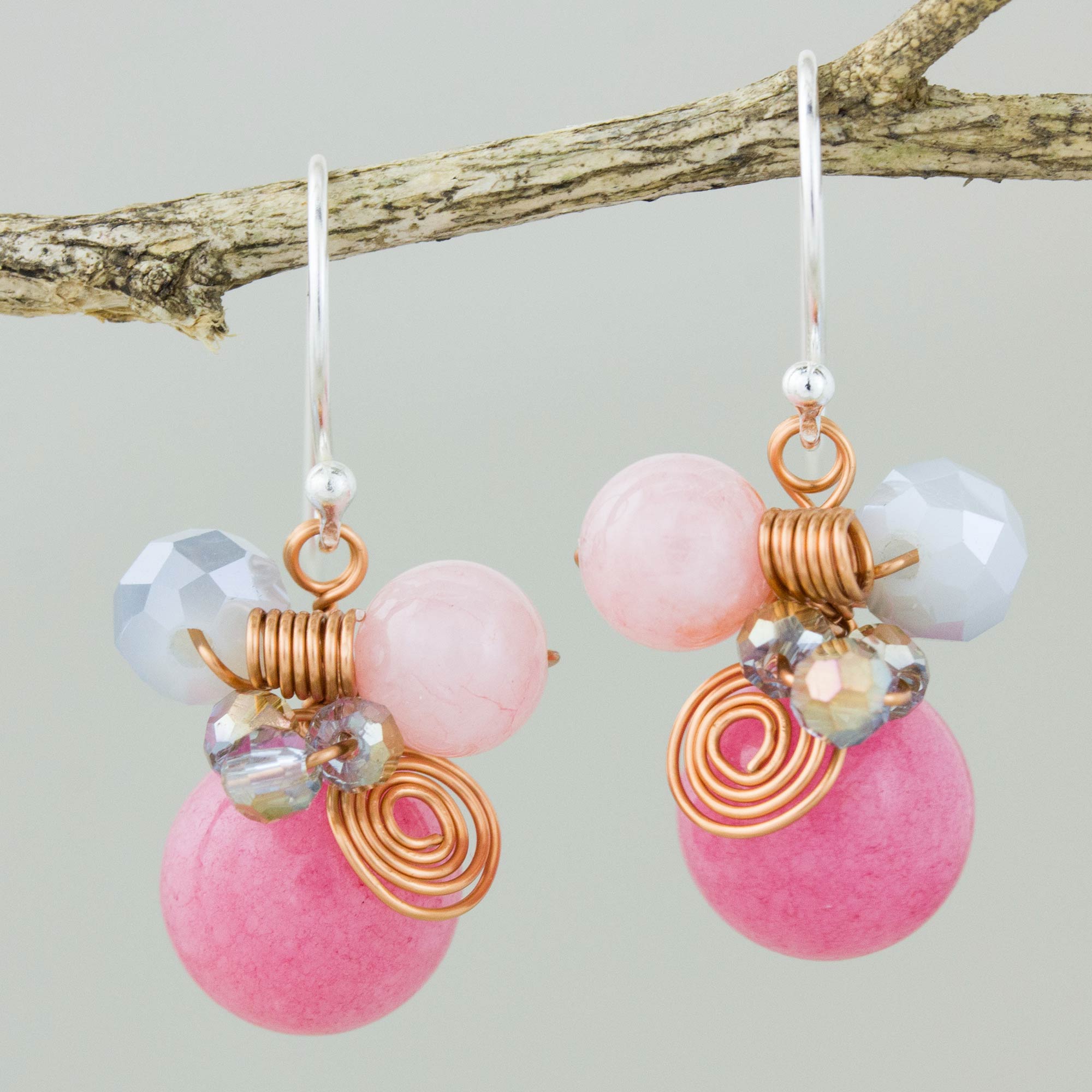 Premium Pink Bubbles Quartz & Glass Bead Dangle Earrings with Copper Accents