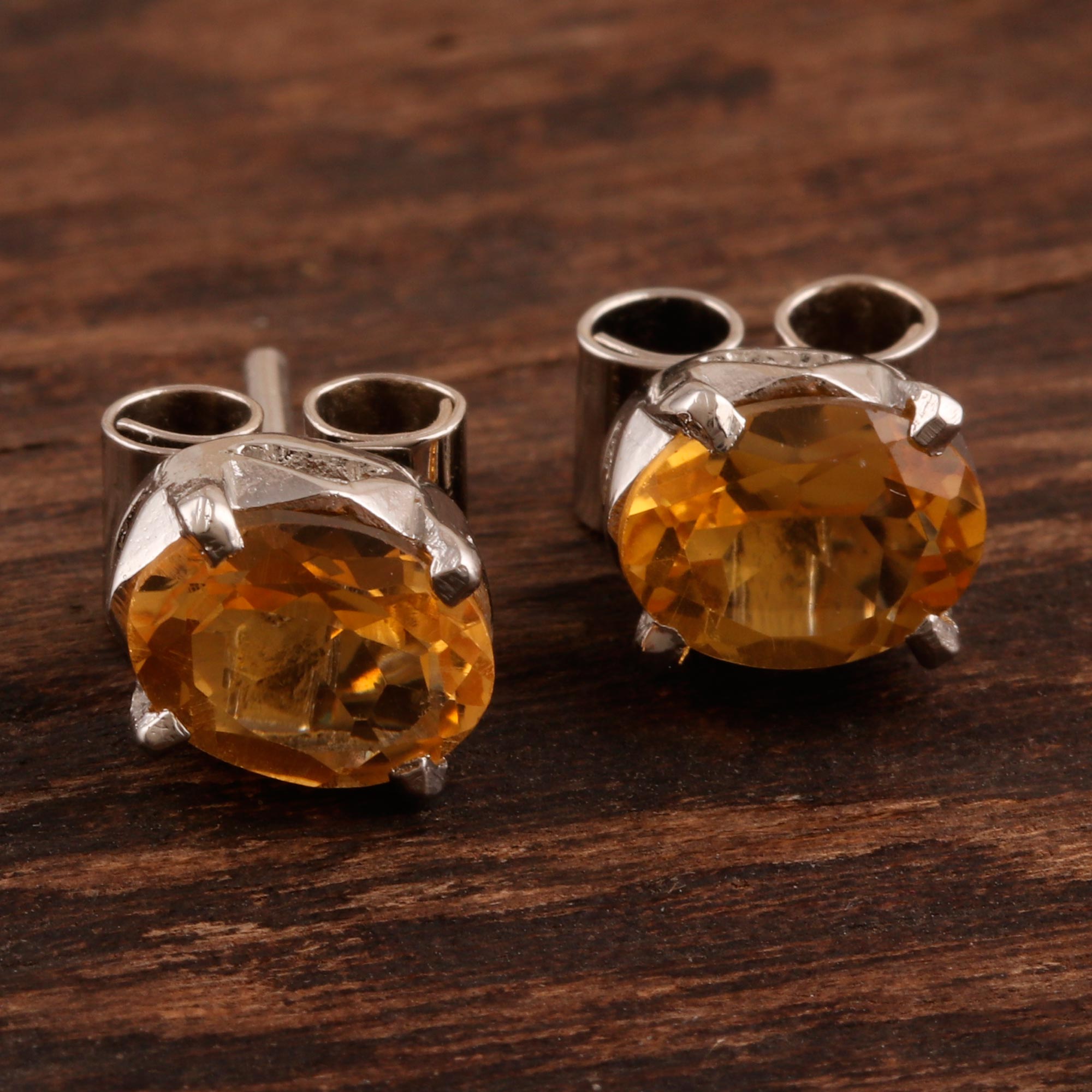 Premium Citrine Birthstone Stud Earrings - Handcrafted in India