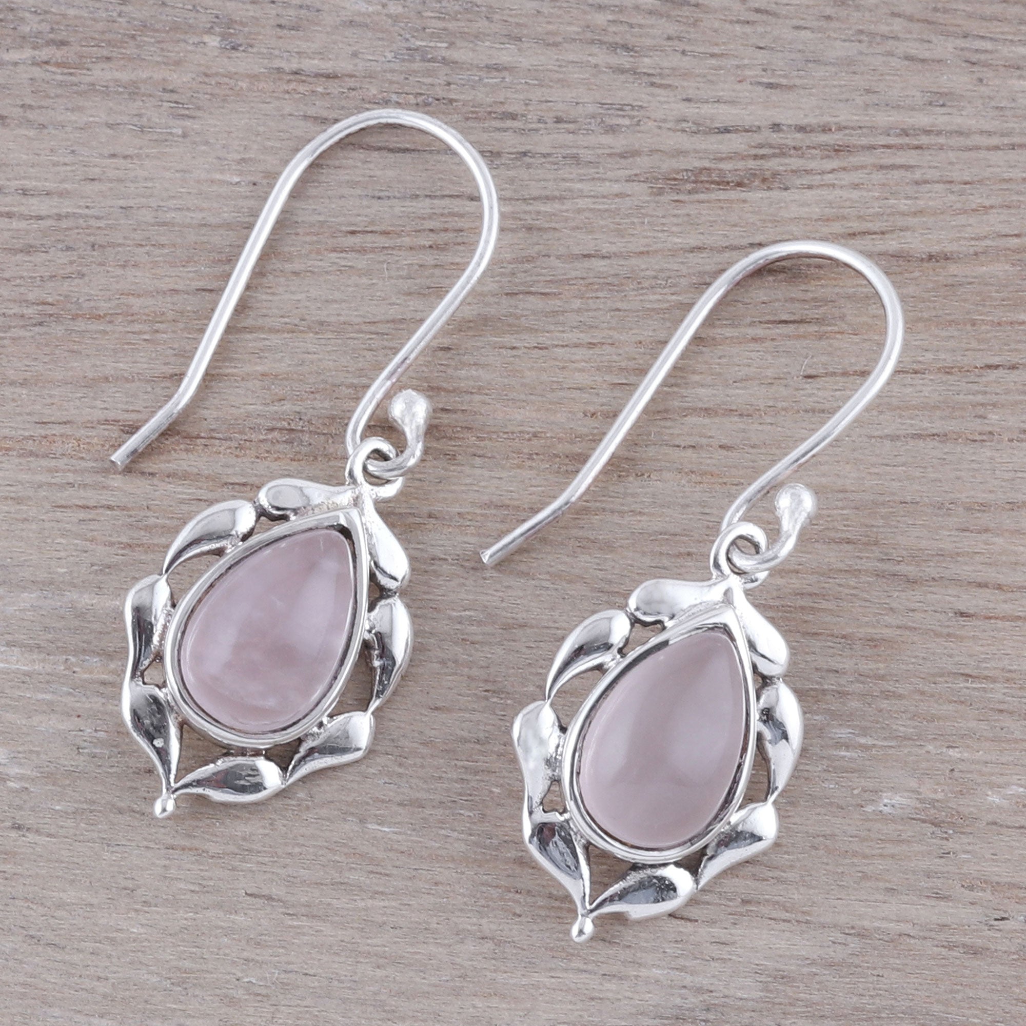 Premium Rose Quartz Dangle Earrings - Handcrafted Sterling Silver Paisley Design from India