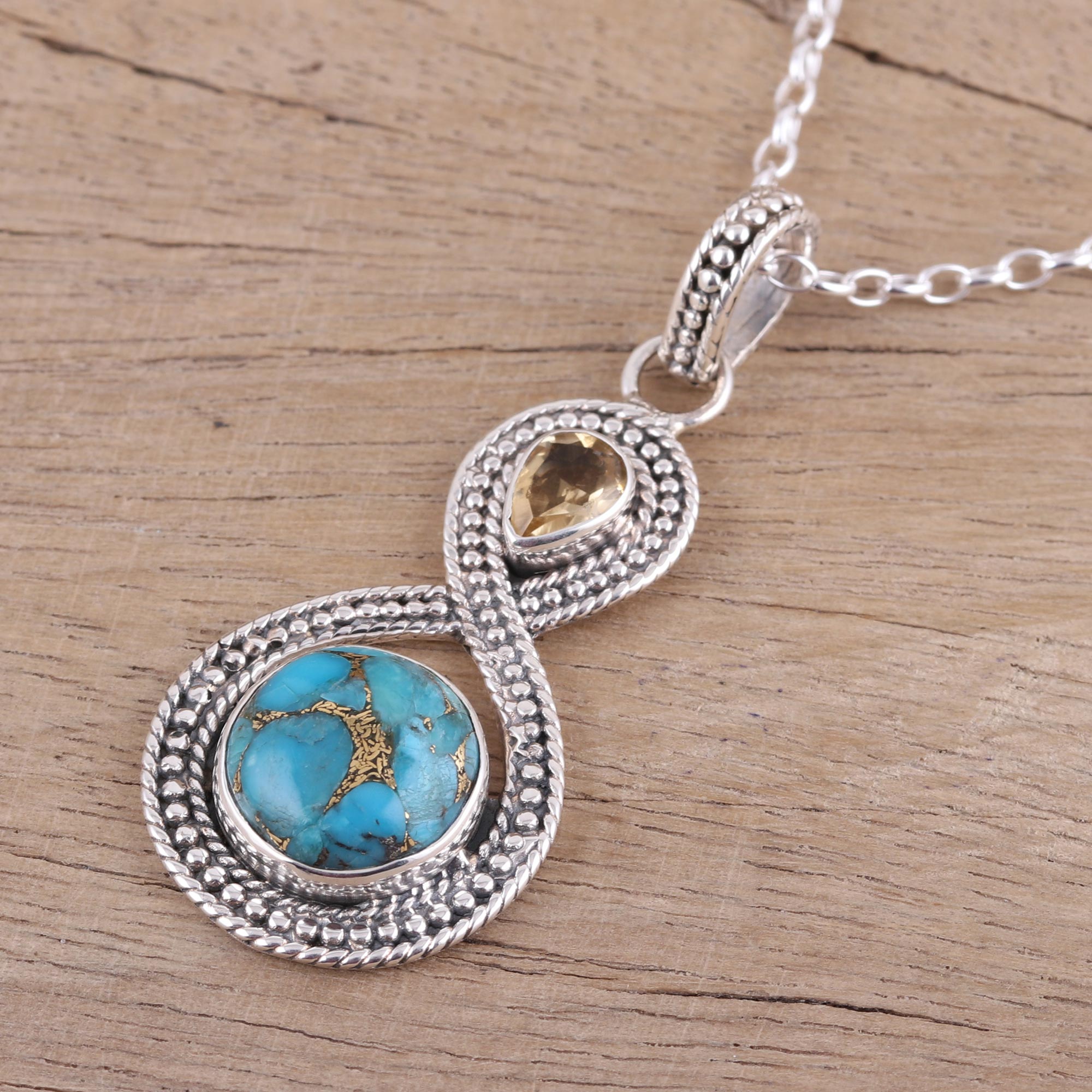 Premium Infinity Citrine & Turquoise Pendant Necklace - Handcrafted Sterling Silver