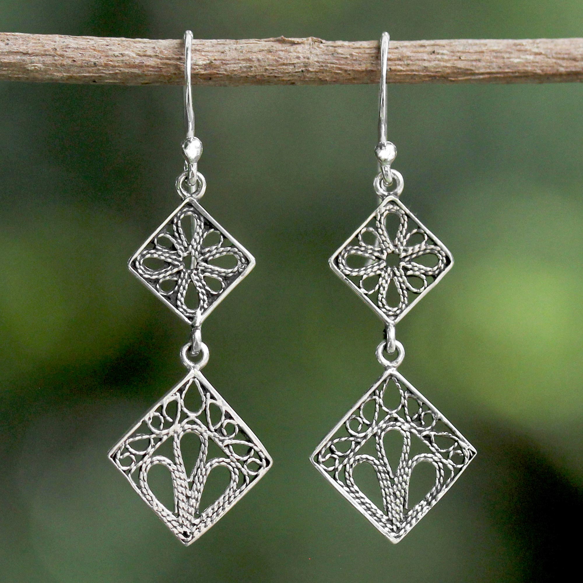 Premium Sterling Silver Filigree Square Dangle Earrings - Elegant & Versatile