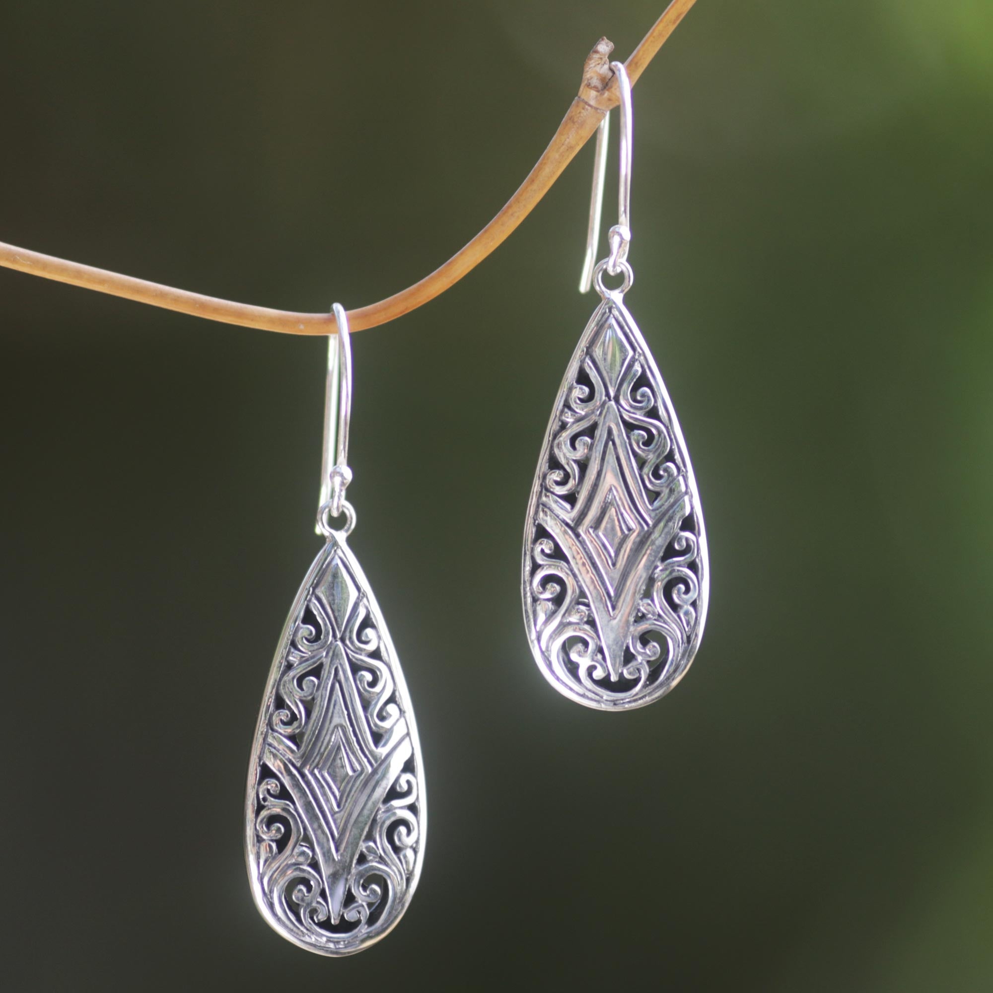 Premium Tamiang Drop Earrings - Sterling Silver with Balinese Floral Motifs