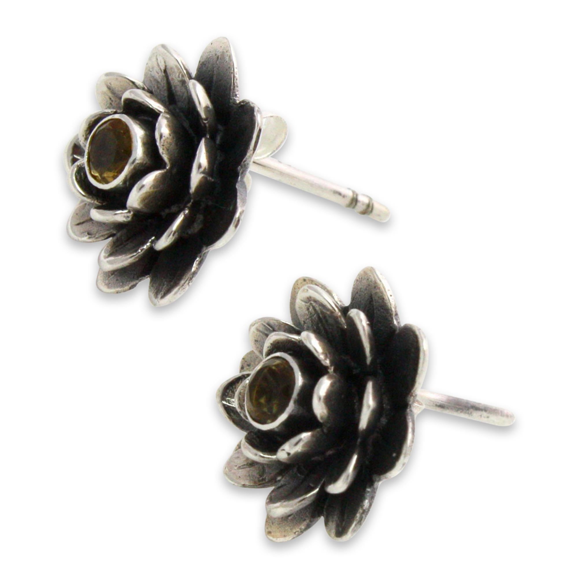 Premium Golden-Eyed Lotus Sterling Silver Earrings