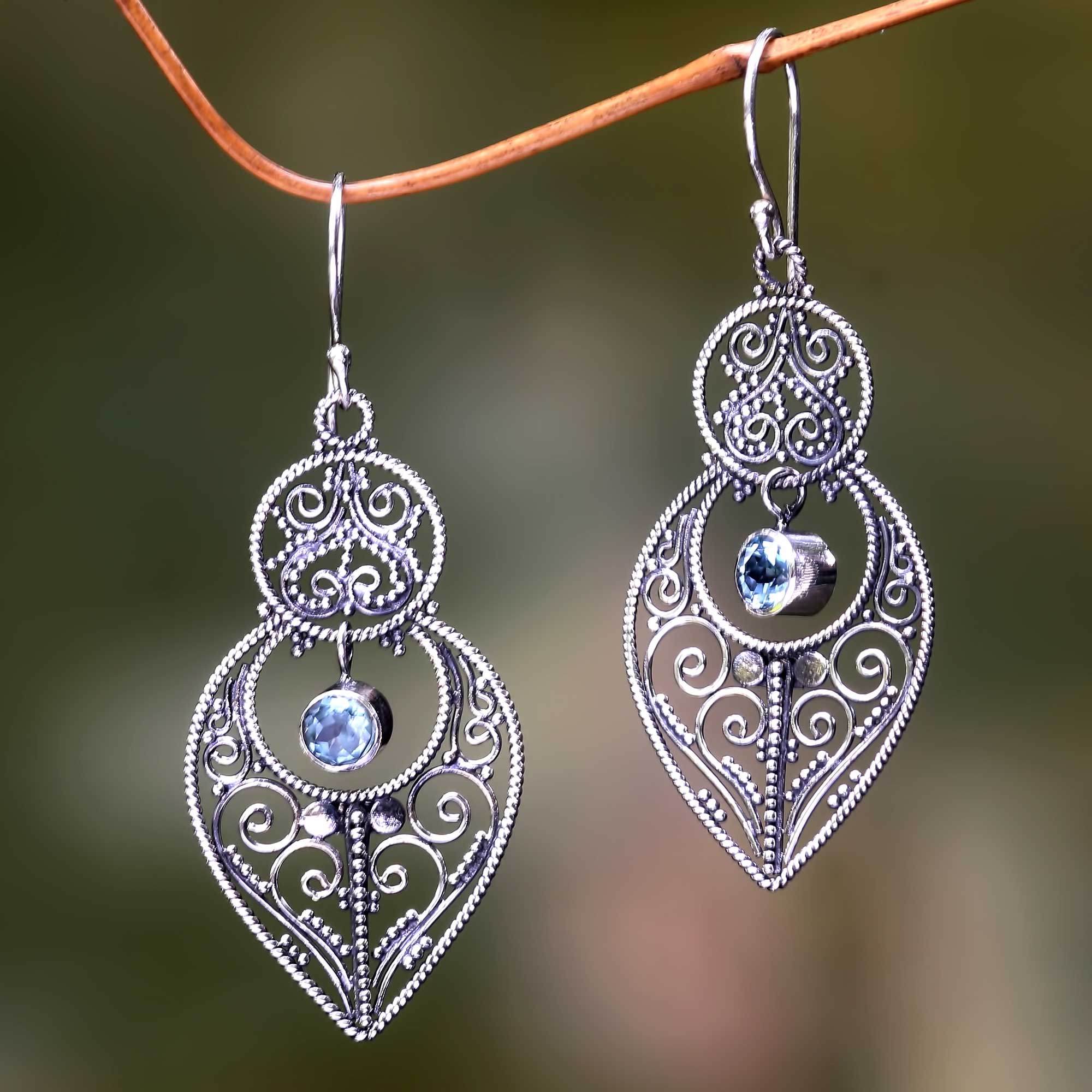 Premium Majapahit Blue Topaz Sterling Silver Dangle Earrings – Handcrafted in Bali