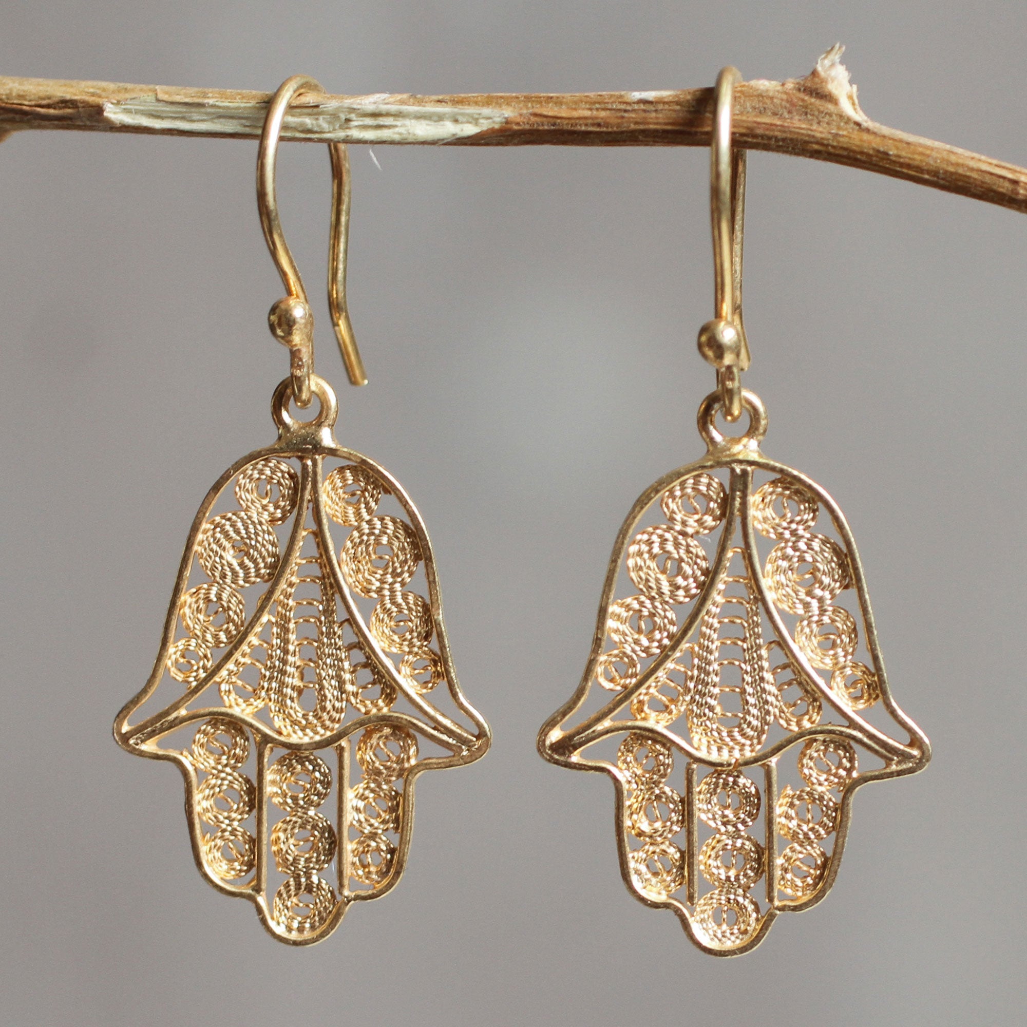 Premium Hamsa Symbol Gold Vermeil Earrings – Handcrafted Filigree Art