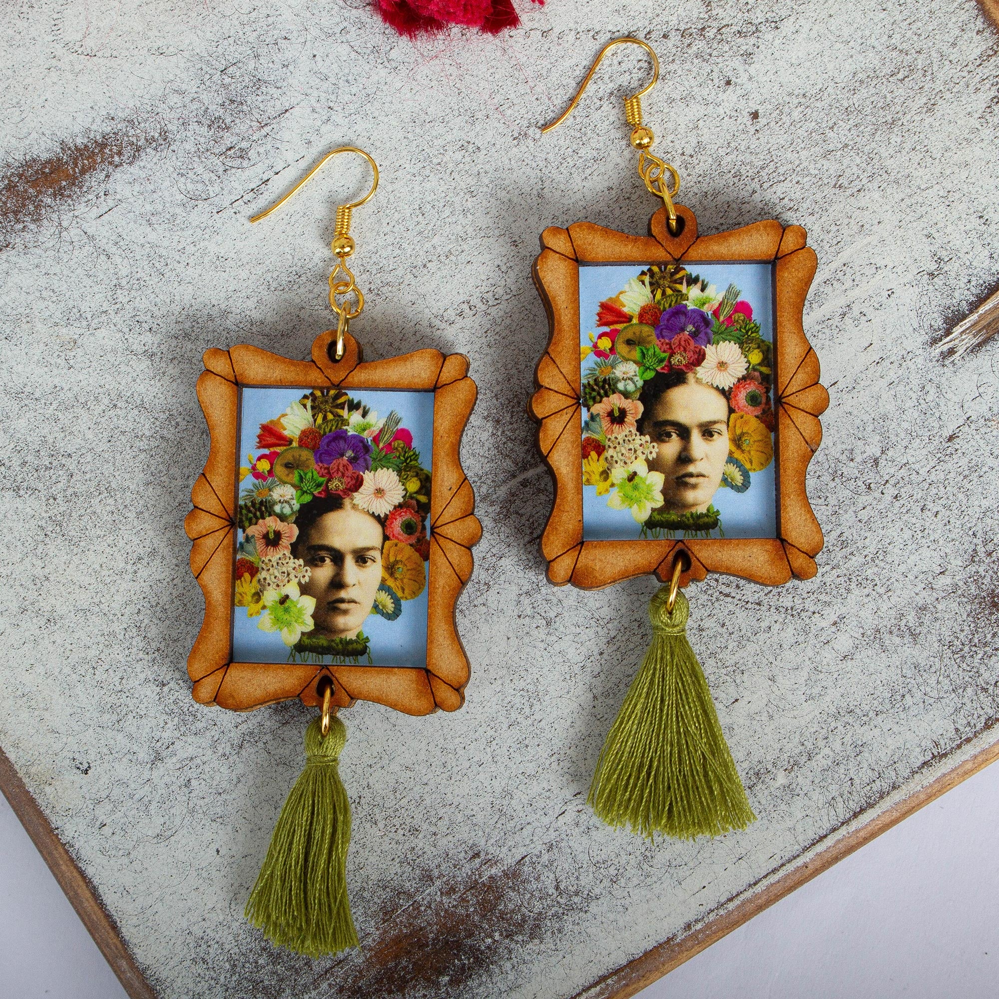 Premium Frida Kahlo Handcrafted Wood Dangle Earrings with Floral Design