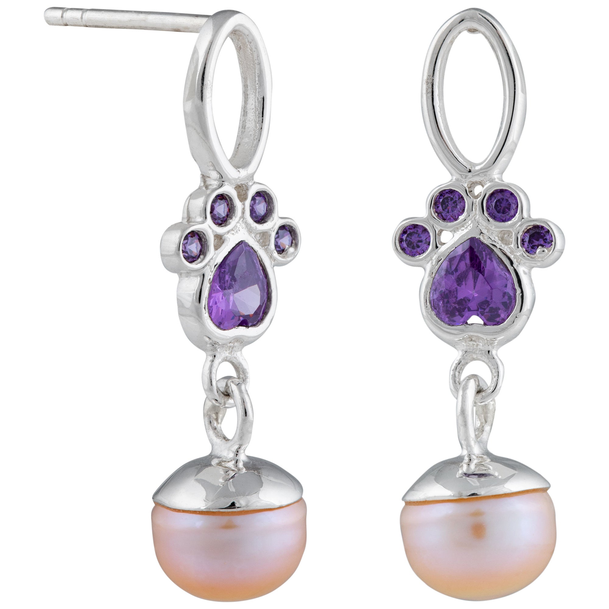 Premium Paw Print Sparkle Sterling & Pearl Earrings - Handcrafted Fair-Trade Jewelry