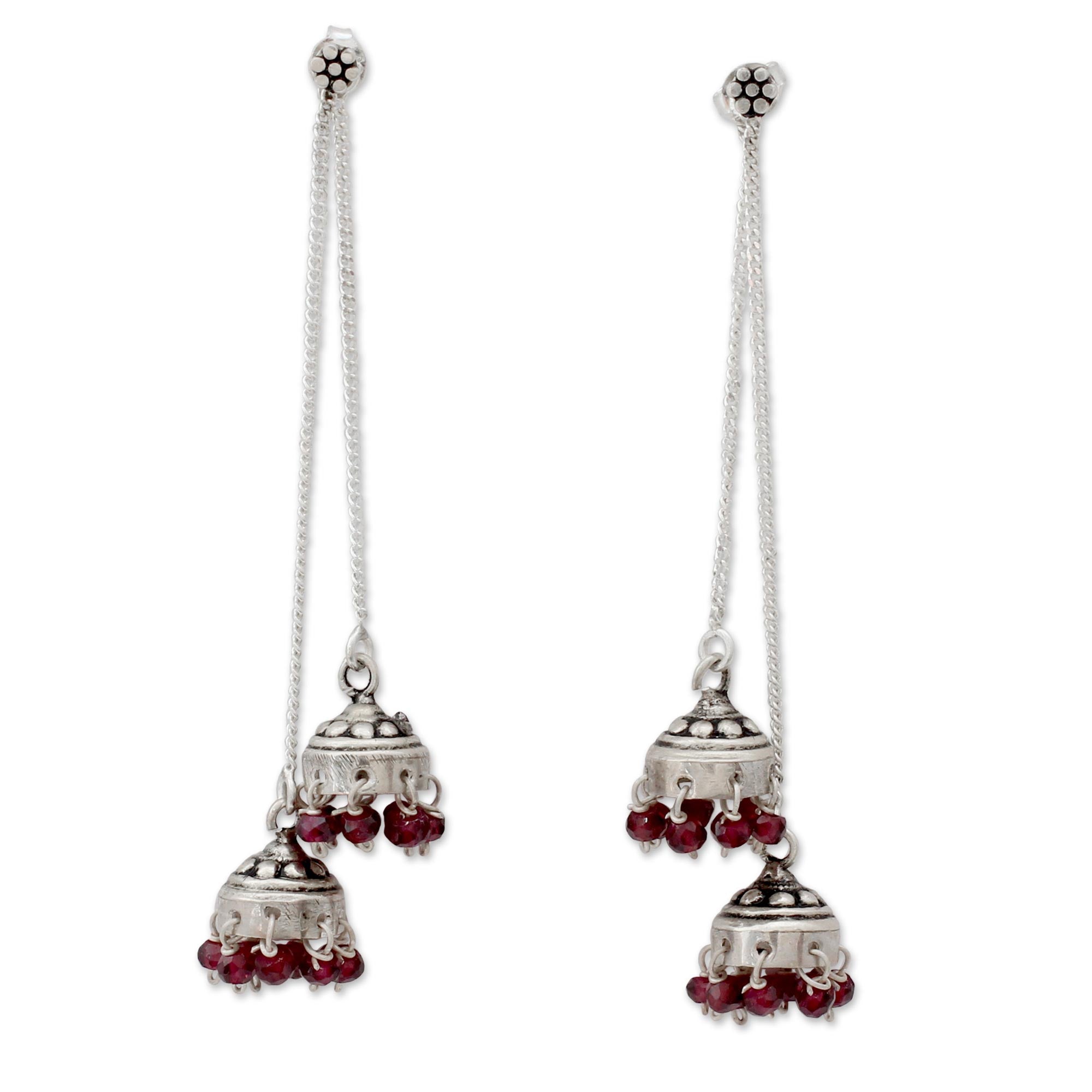 Premium Indian Sterling Silver Detachable Garnet Jhumki Earrings - Elegant Wedding Jewelry