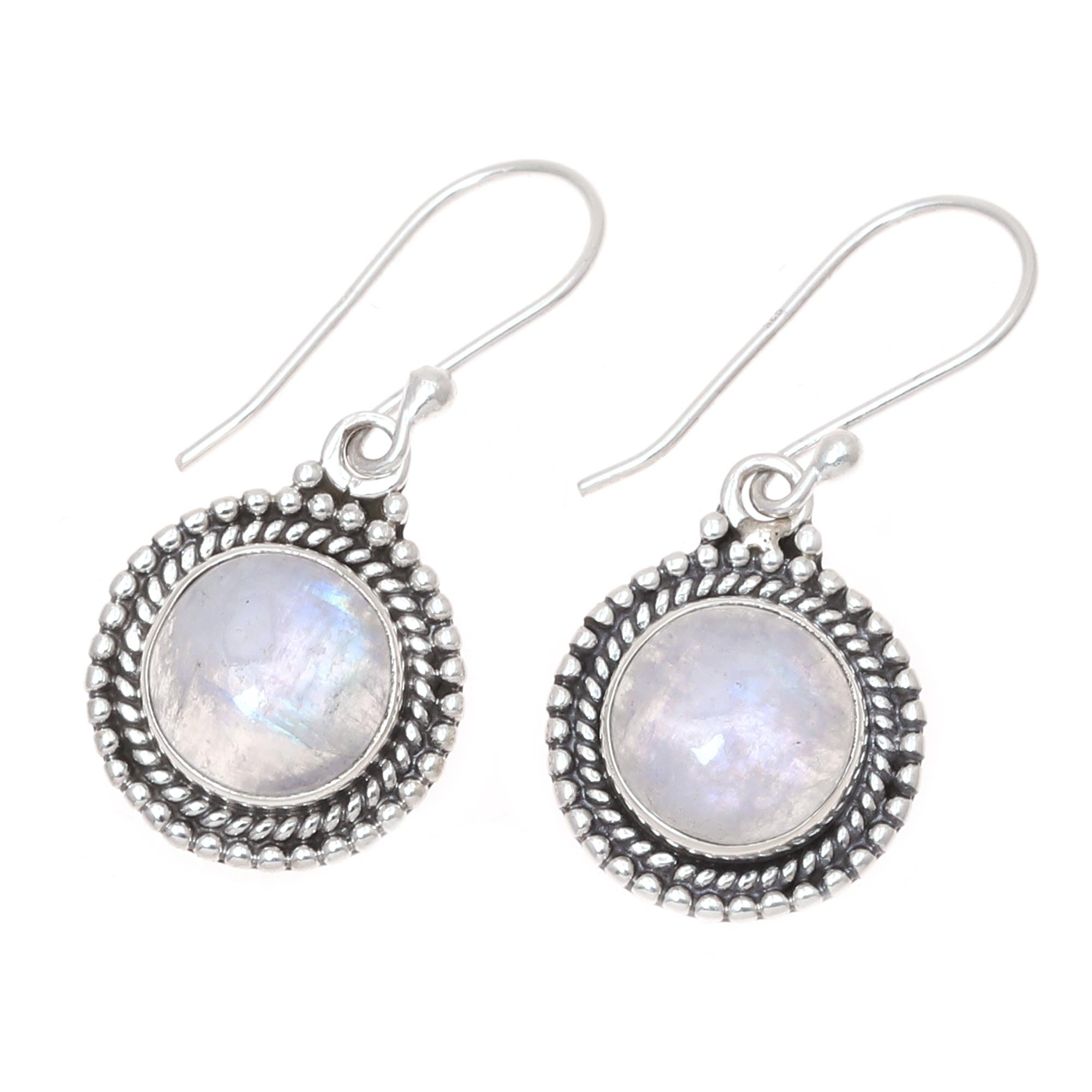 Premium Moonlight Dots Rainbow Moonstone Dangle Earrings - Handcrafted in India