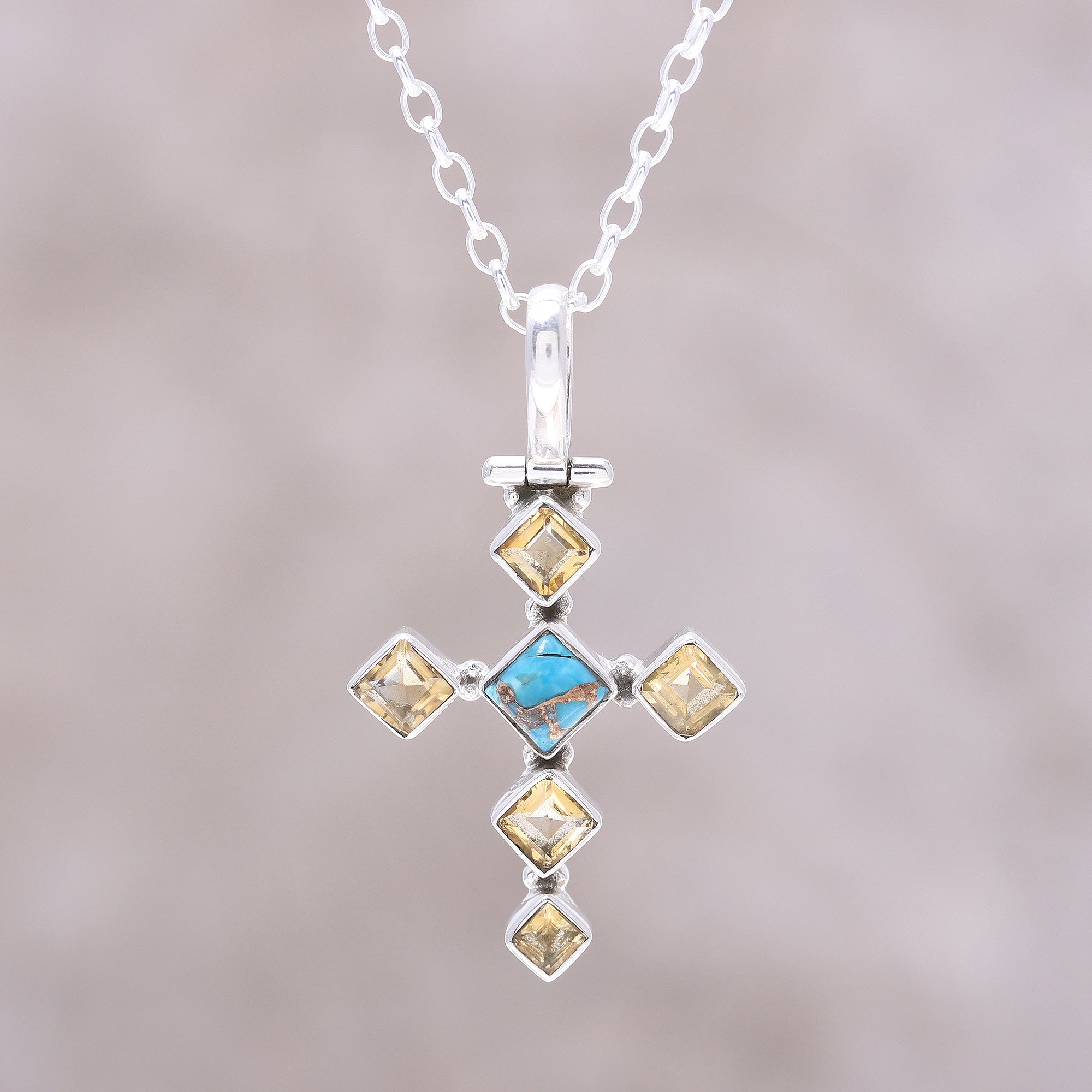 Premium Citrine and Turquoise Cross Pendant Necklace - Handcrafted Elegance