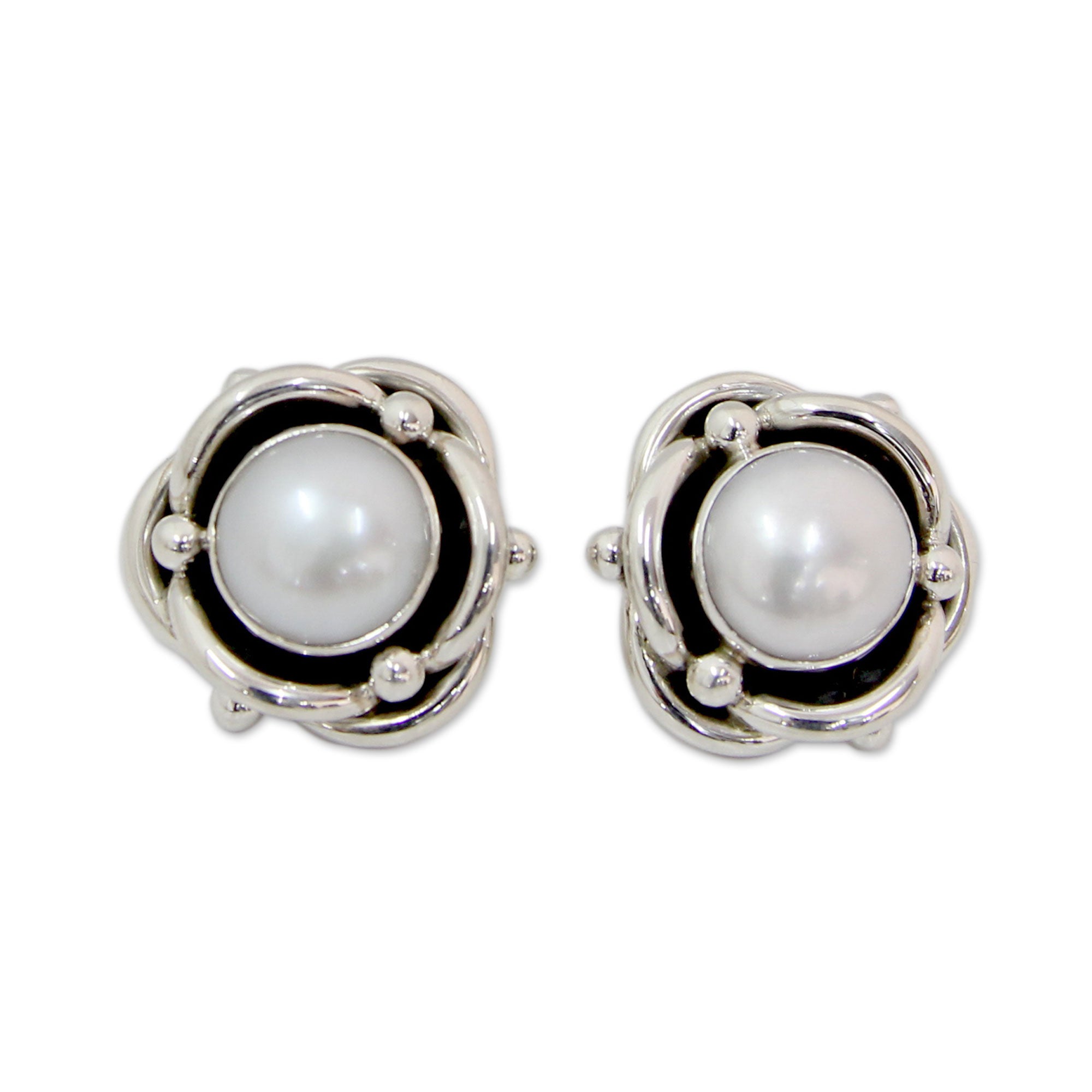 Premium Regal Aura Cultured White Pearl & Sterling Silver Button Earrings