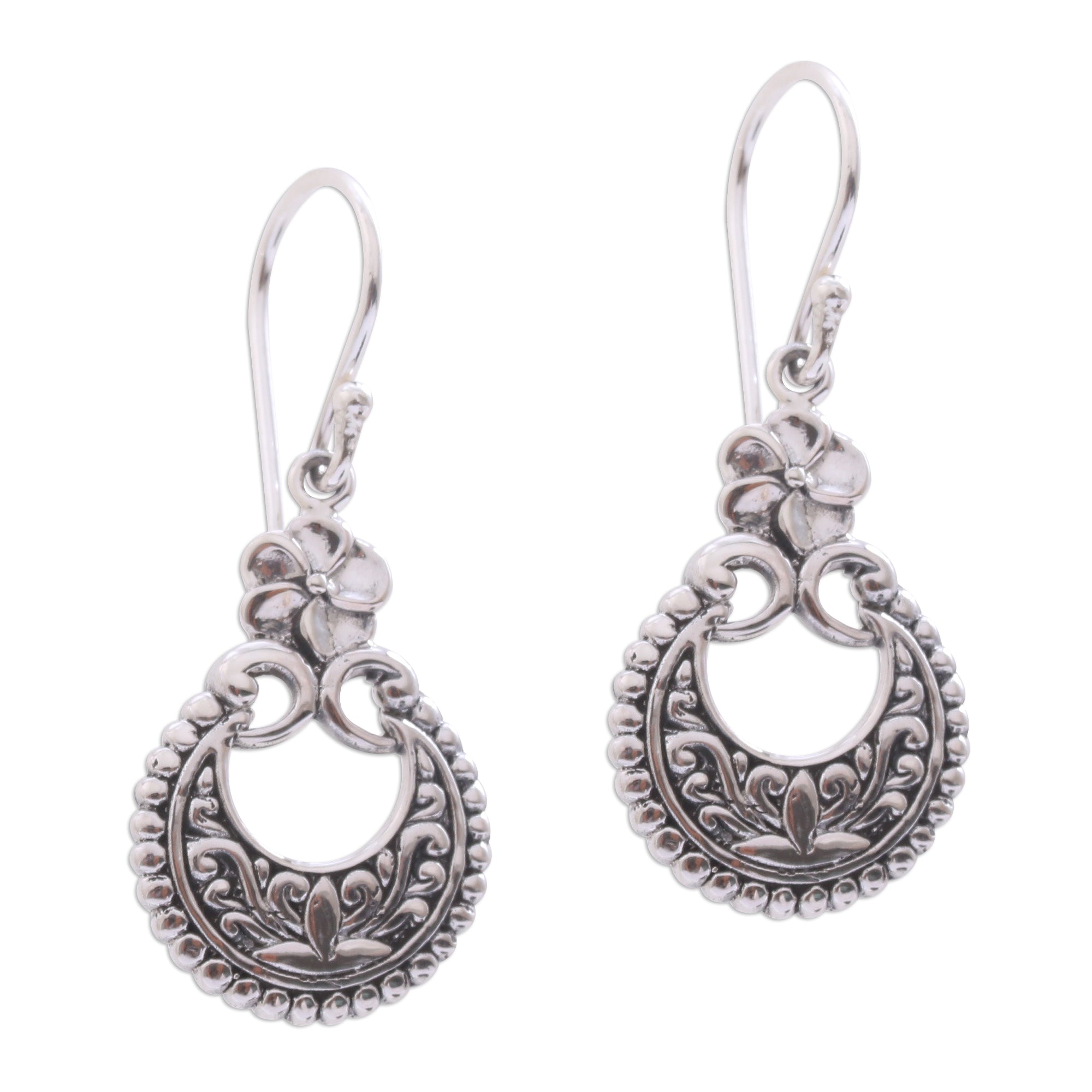 Premium Frangipani Crescents Sterling Silver Dangle Earrings - Handcrafted in Bali