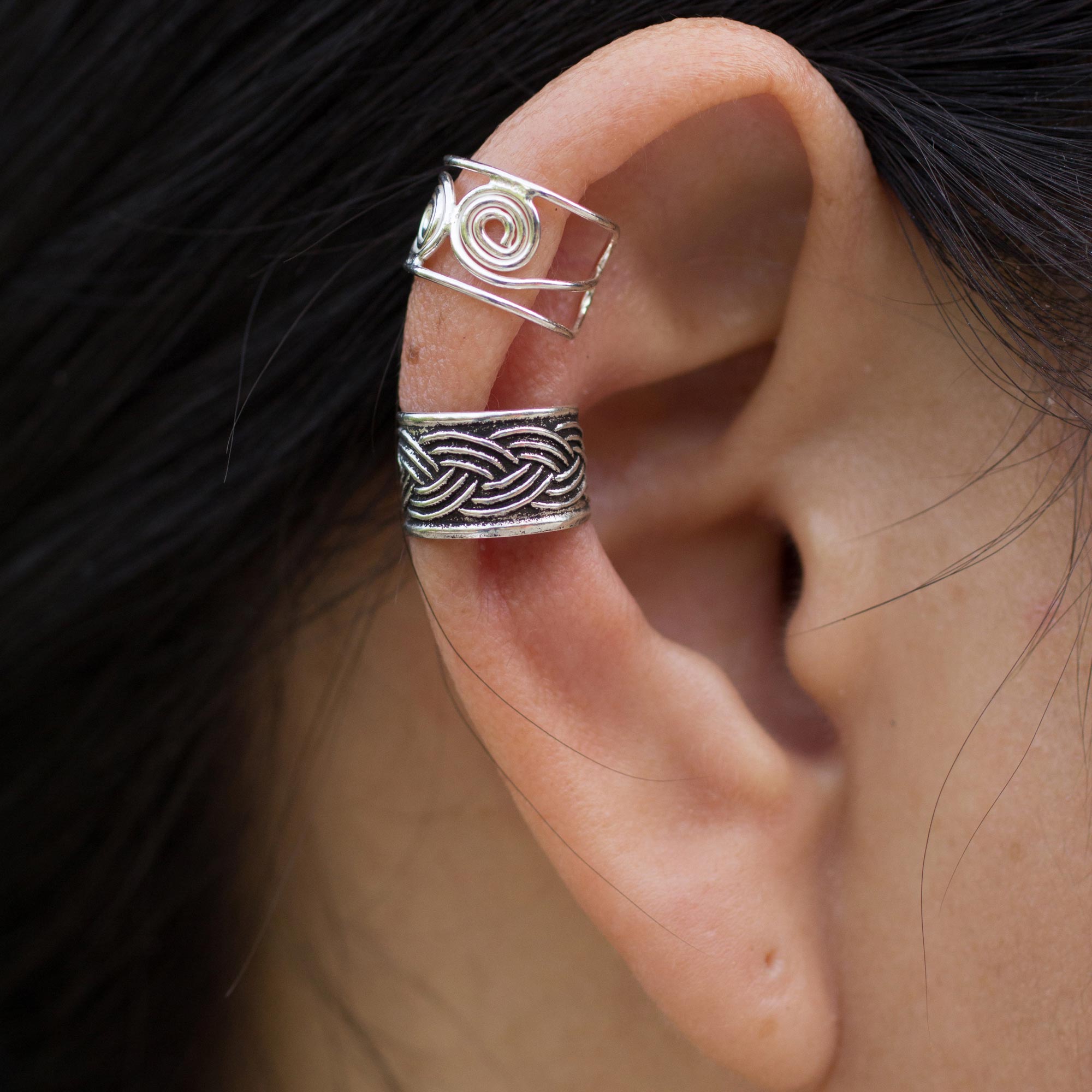 Premium Adjustable Sterling Silver Ear Cuffs with Thai Filigree Design