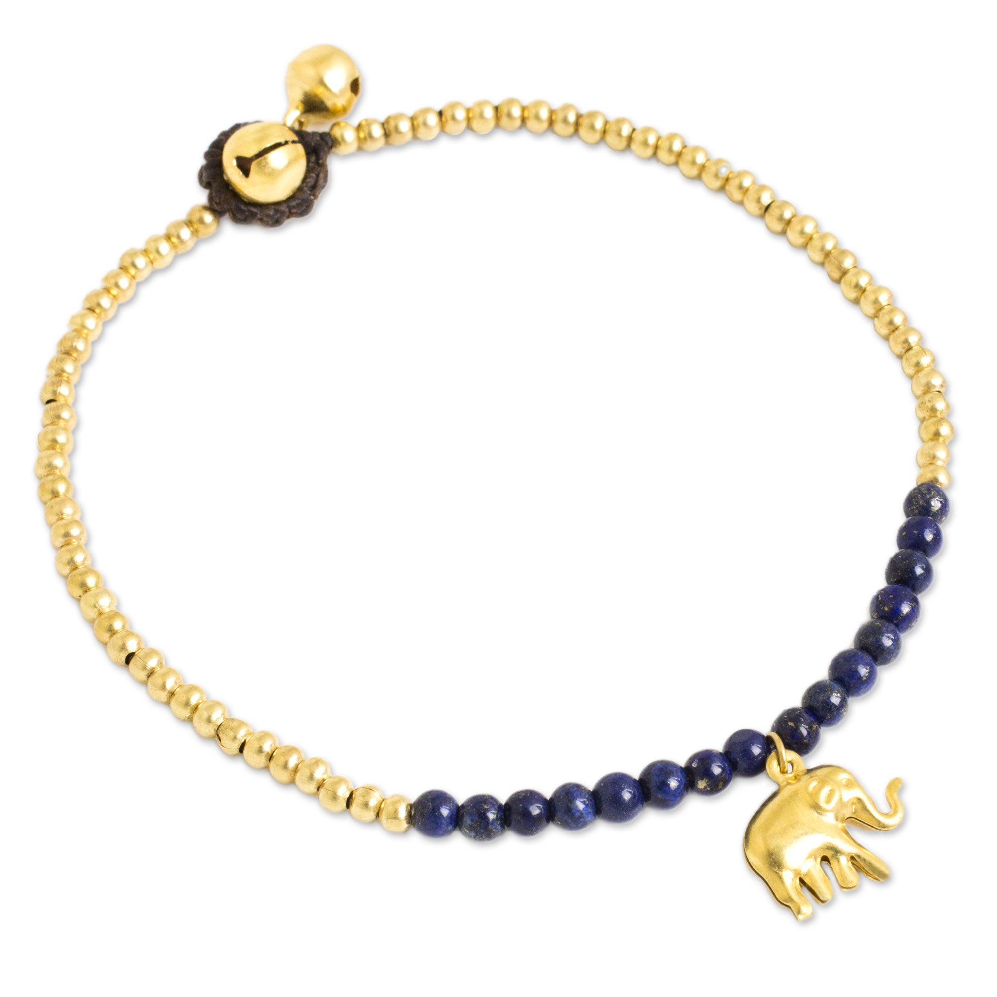 Premium Lapis Lazuli Elephant Charm Adjustable Brass Anklet with Bells