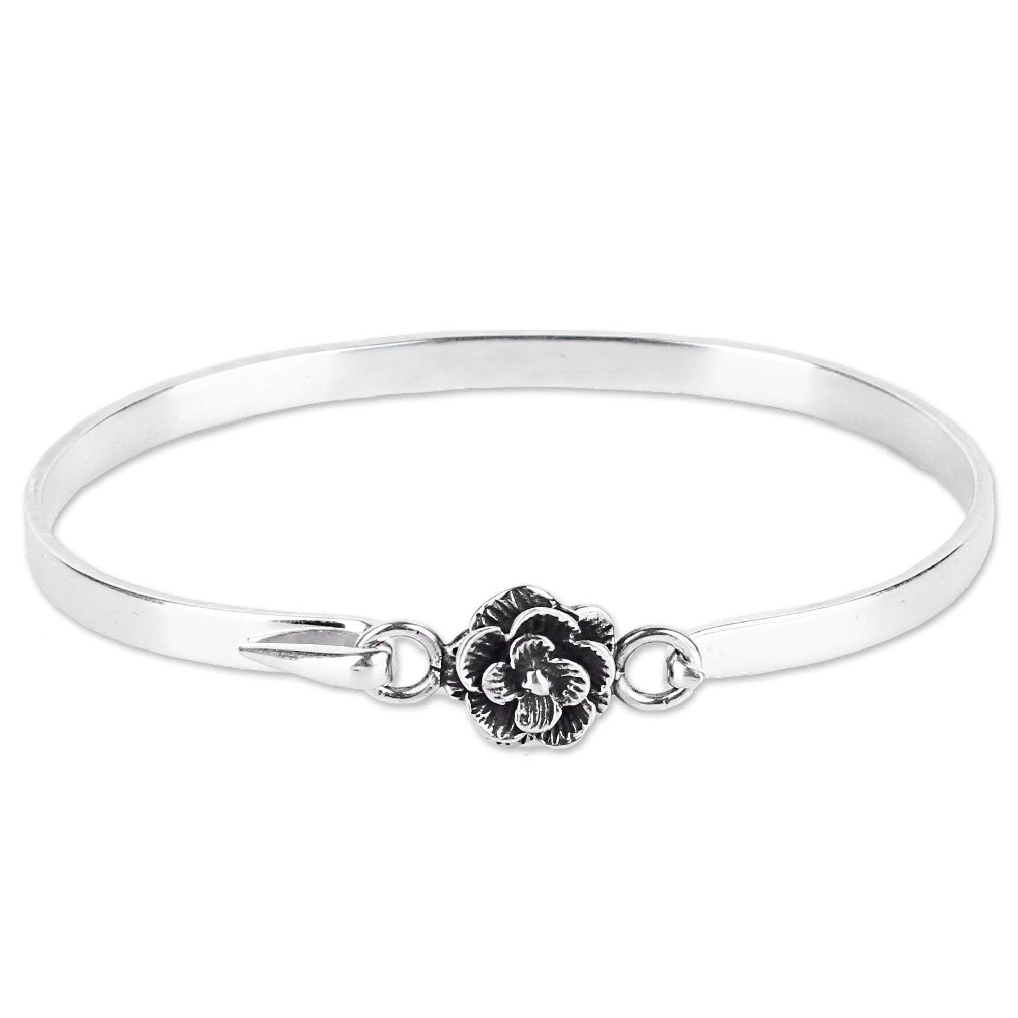 Premium Rose Beauty Sterling Silver Bangle Bracelet - Handcrafted Elegance