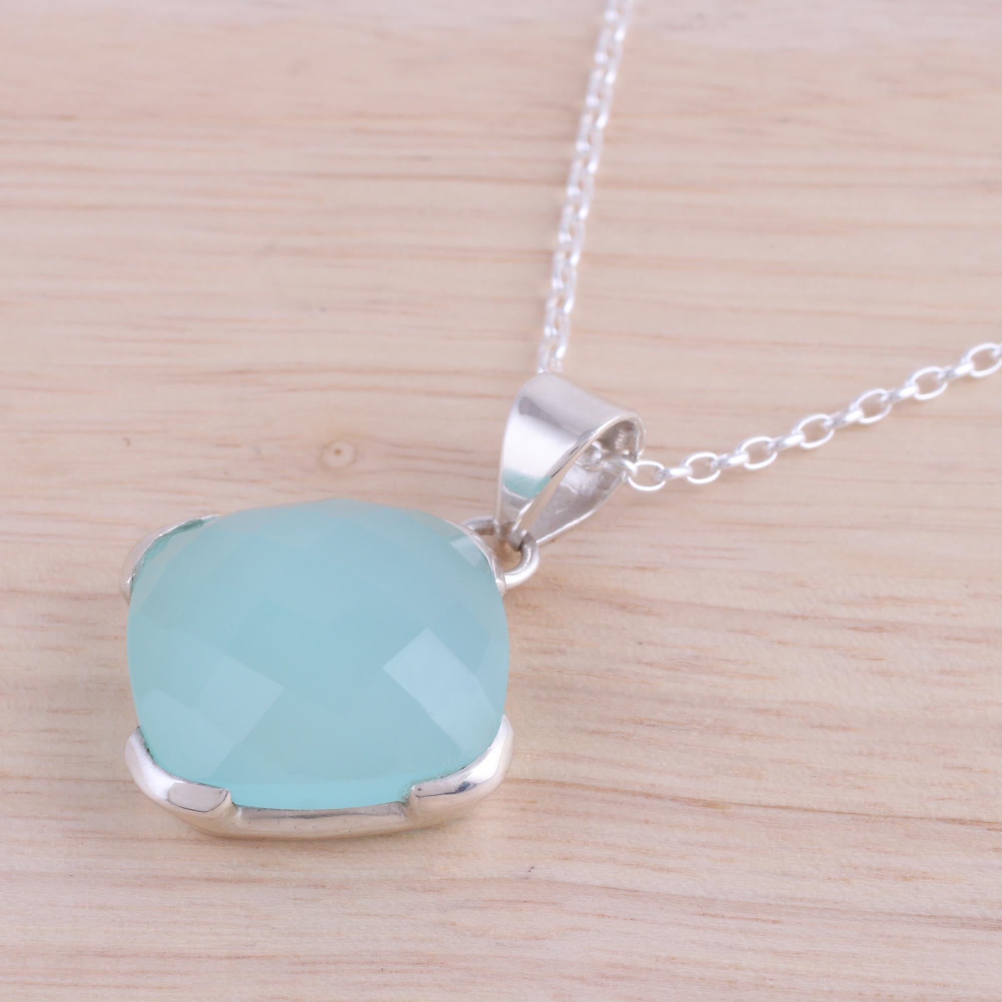 Premium Aqua Blue Chalcedony Pendant Necklace - Handcrafted Sterling Silver Jewelry