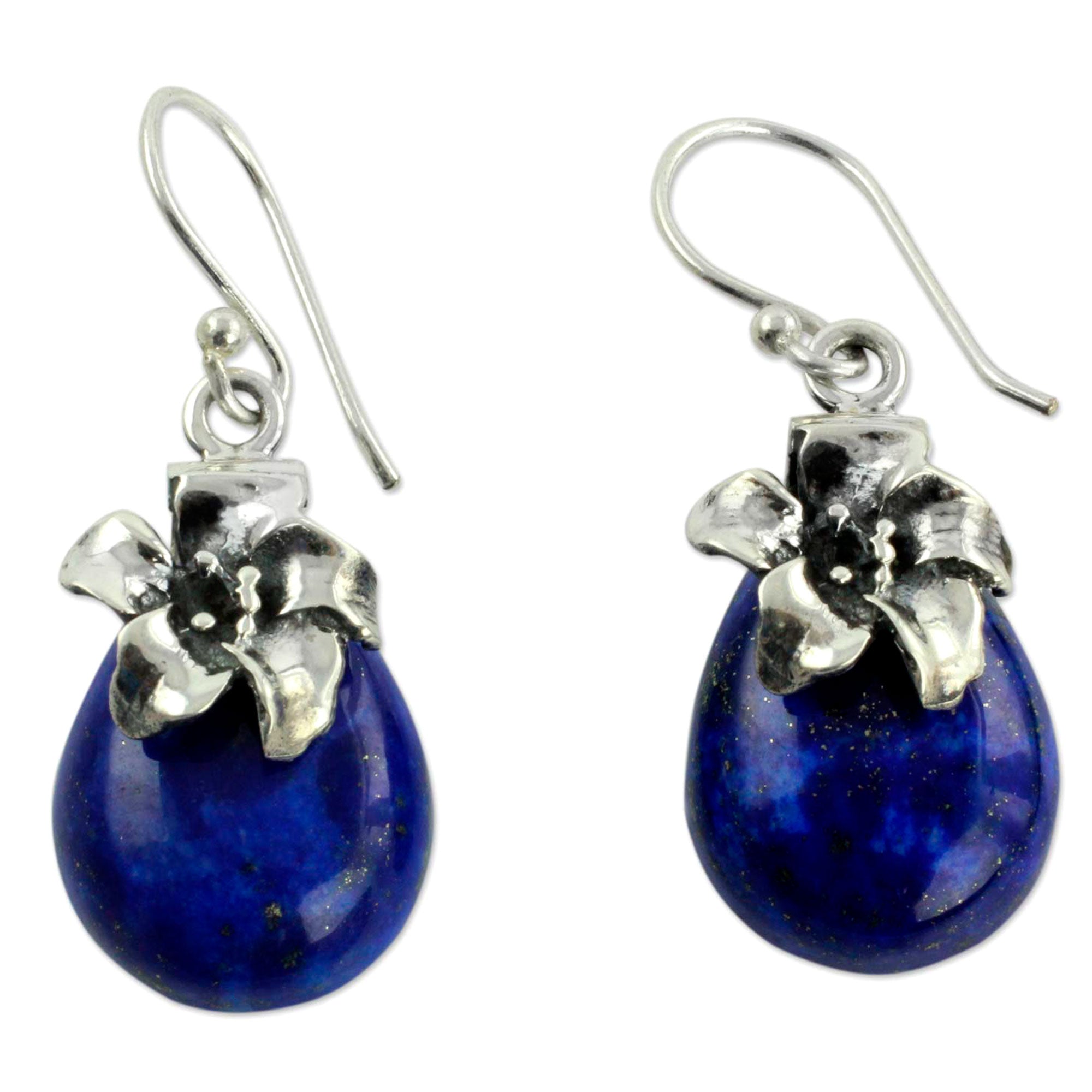 Premium Lily Lapis Lazuli & Silver Floral Earrings - Handmade Elegance