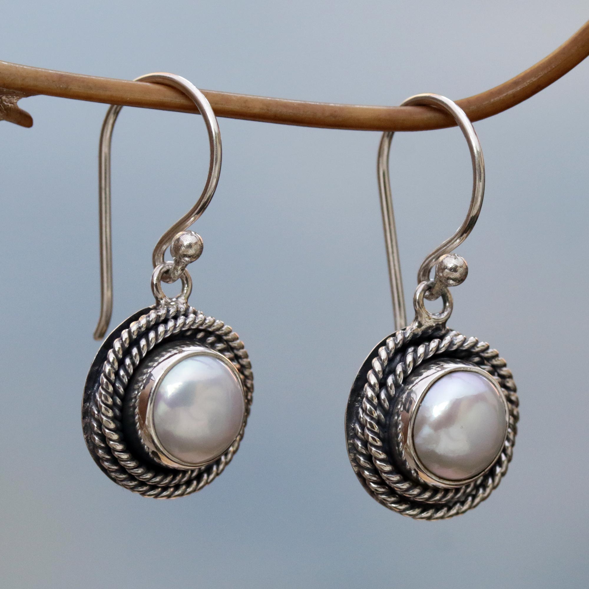 Premium White Cultured Pearl Dangle Earrings with Sterling Silver Rope Design