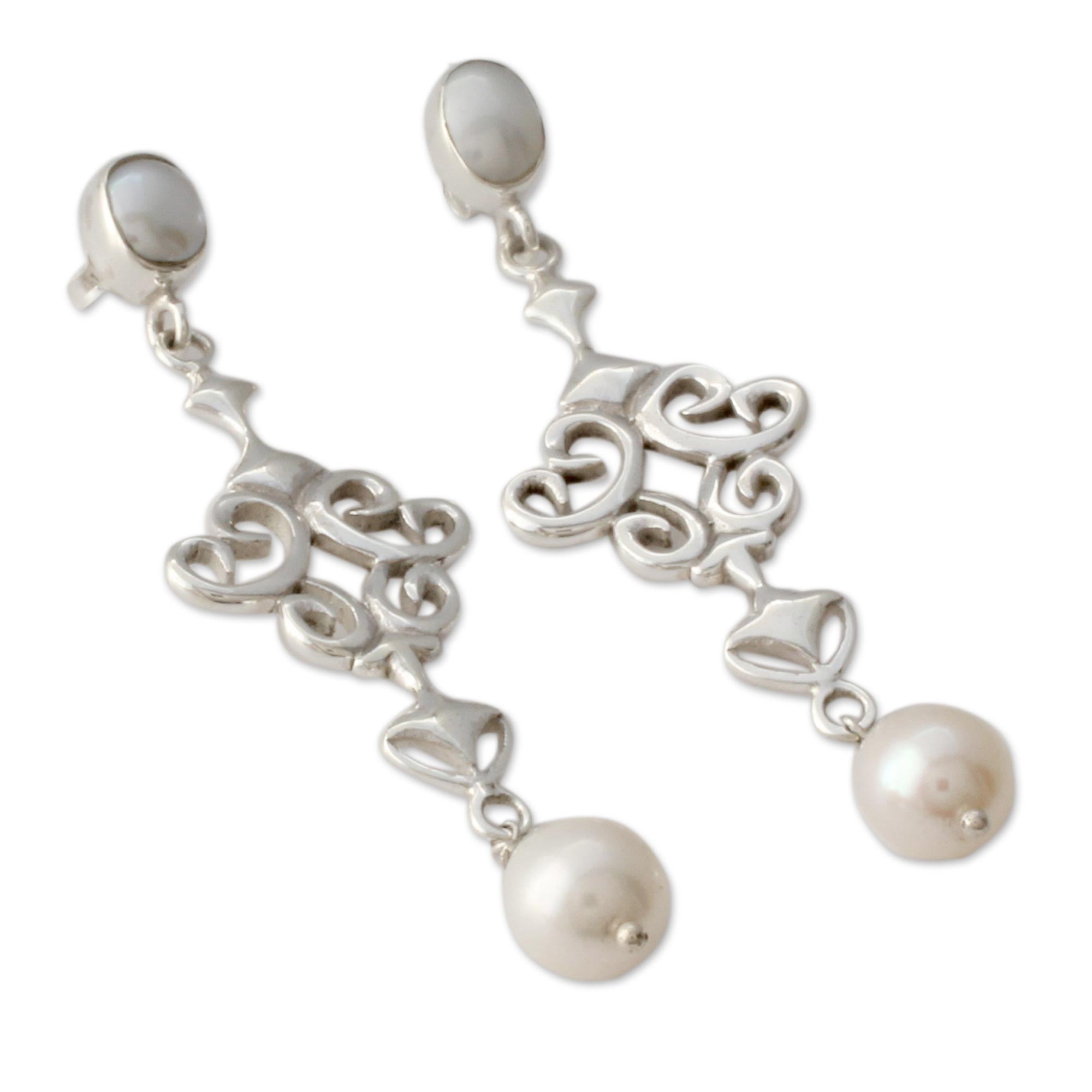 Premium Ode to Fantasy Shiny Sterling Silver Earrings with White Pearls - Ultimate Elegance