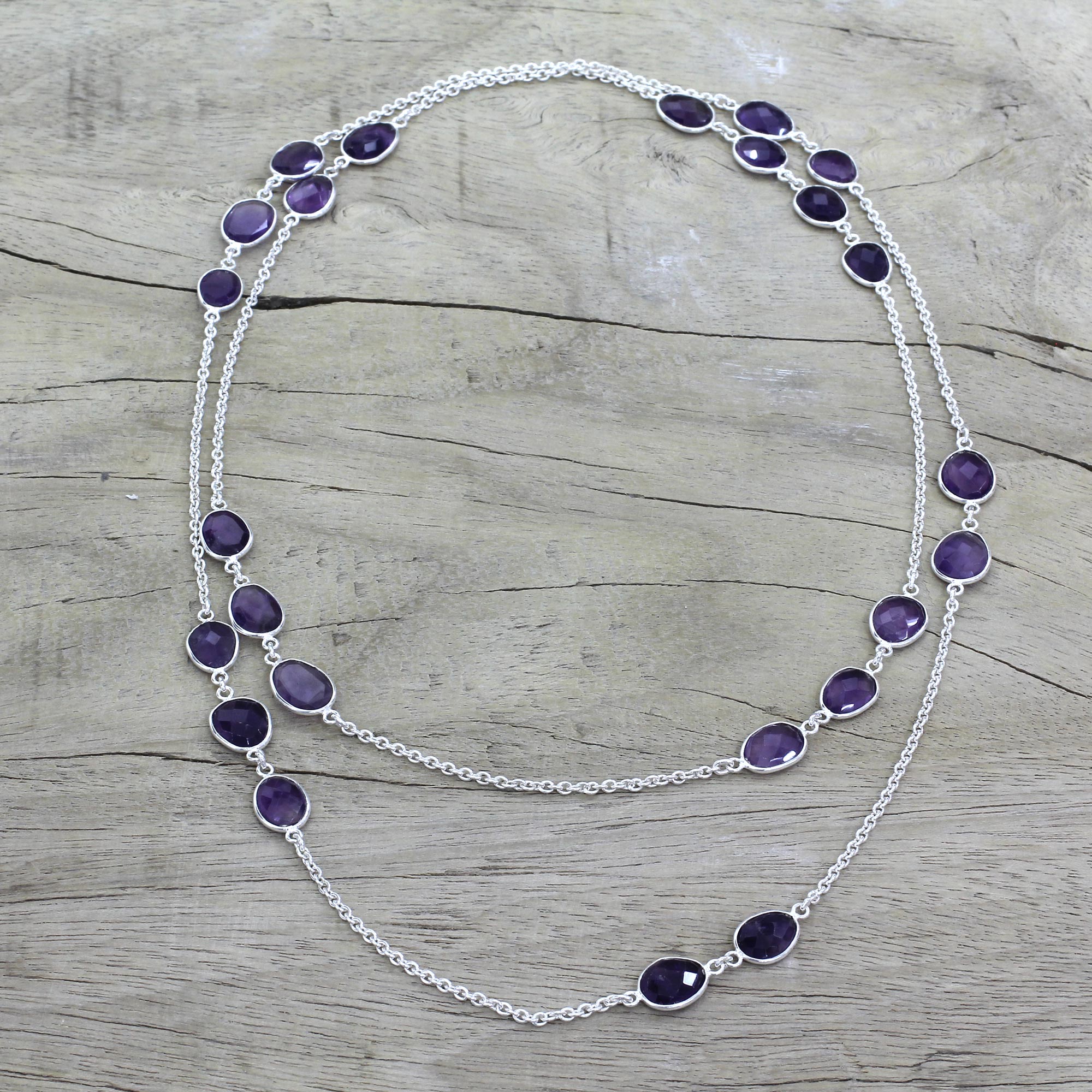 Premium Amethyst Sterling Silver Long Necklace - Handcrafted Elegance by Indian Artisans