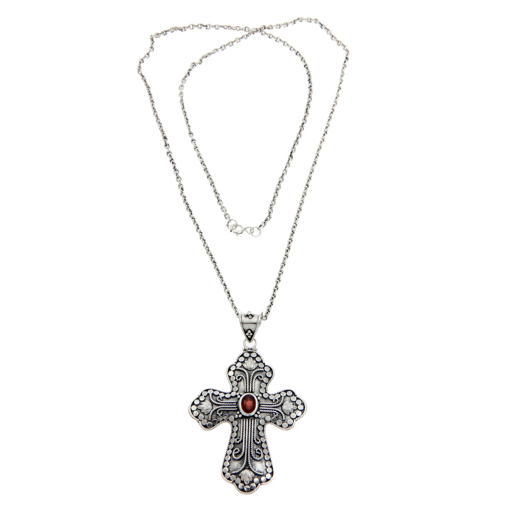 Premium Redemption Garnet Cross Necklace - Elegant Sterling Silver Pendant