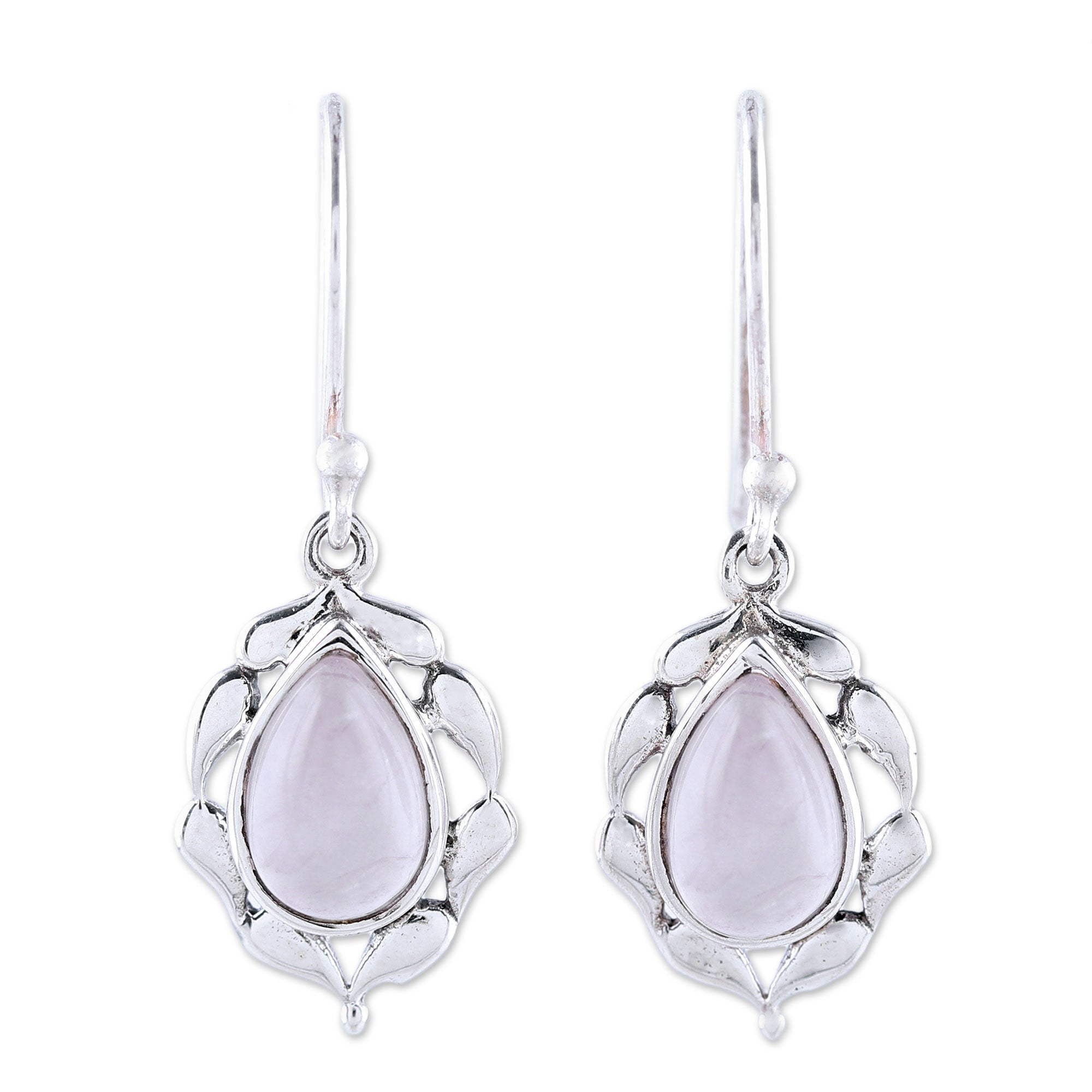 Premium Rose Quartz Dangle Earrings - Handcrafted Sterling Silver Paisley Design from India