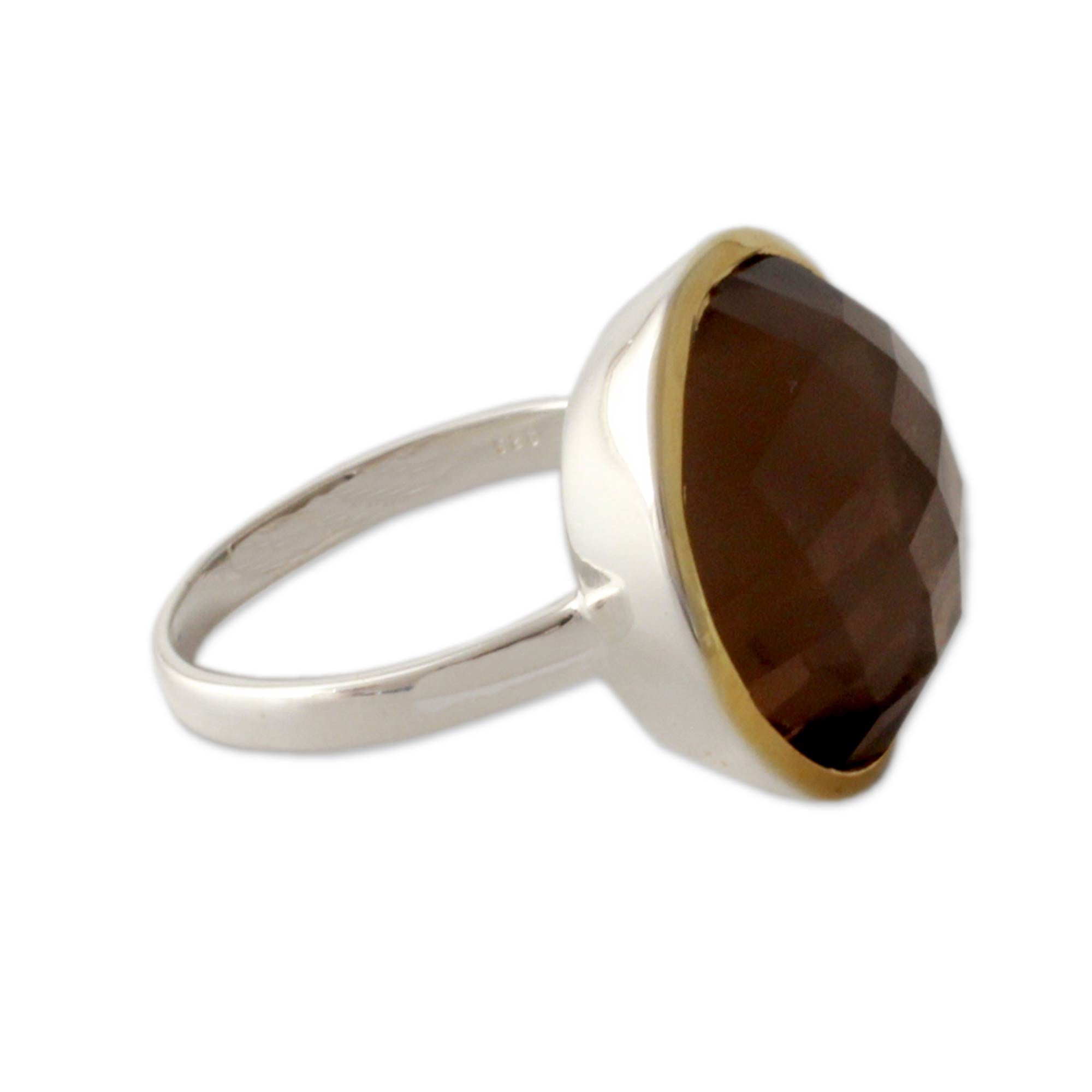 Ultimate Elegance Smoky Quartz Cocktail Ring - Sterling Silver & 18k Gold Accent