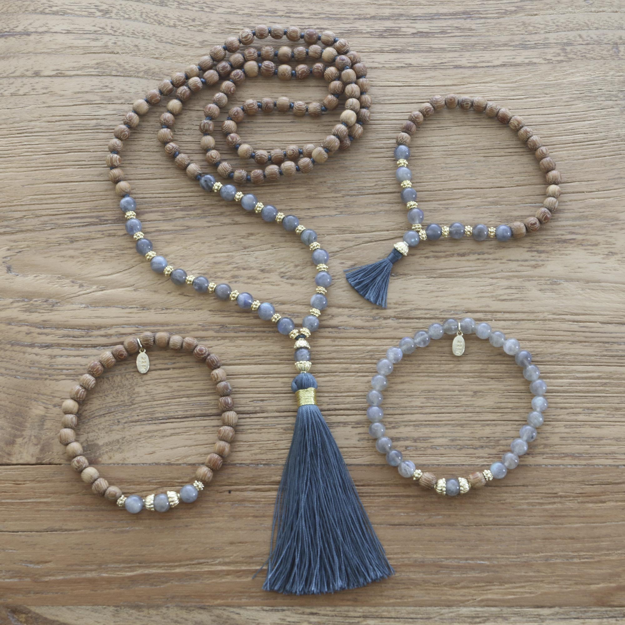 Premium Harmony Gold & Labradorite Wood Beaded Stretch Bracelet with Grey Tassel