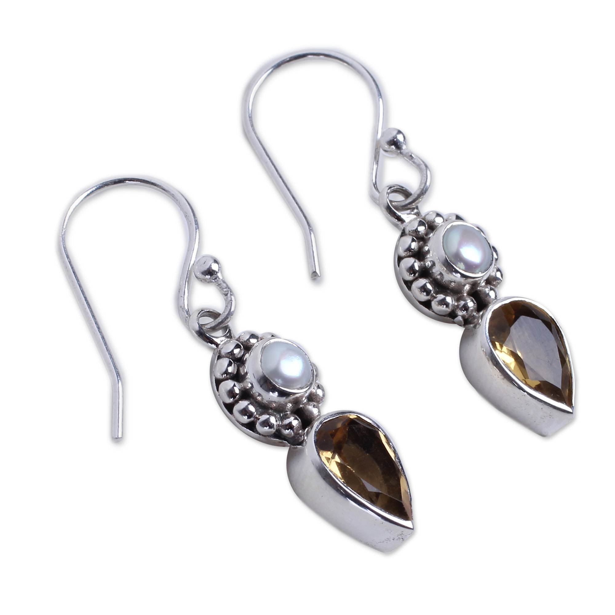 Premium Mughal-Inspired Sterling Silver Earrings with Citrine & Cultured Pearl