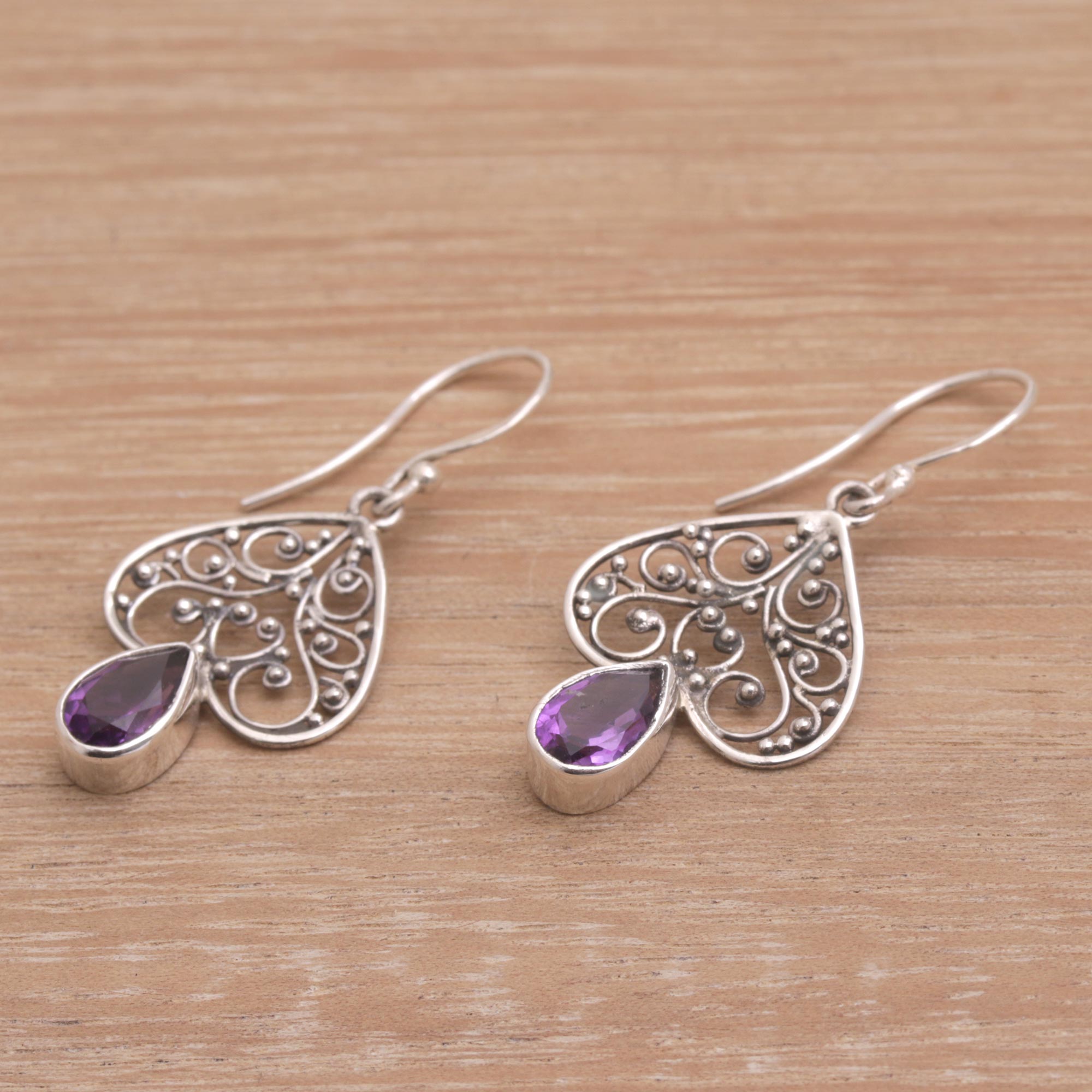 Premium Sterling Silver Amethyst Dangle Earrings – Handcrafted in Bali