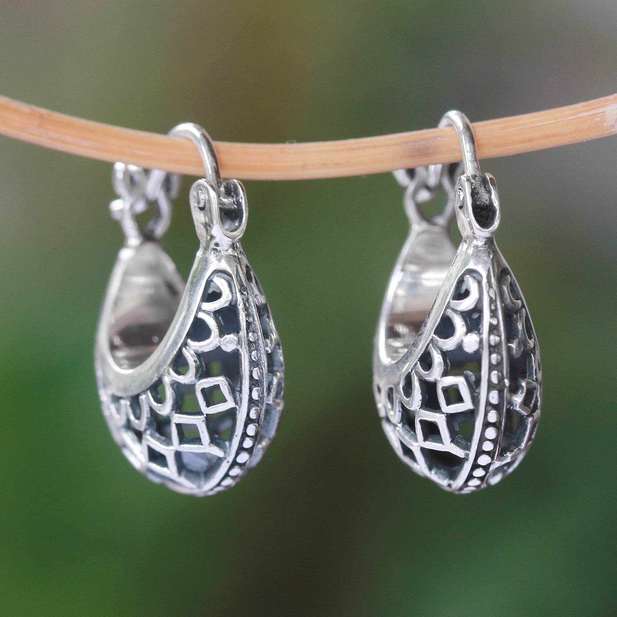 Premium Curved Elegance Openwork Sterling Silver Hoop Earrings - Handcrafted in Bali