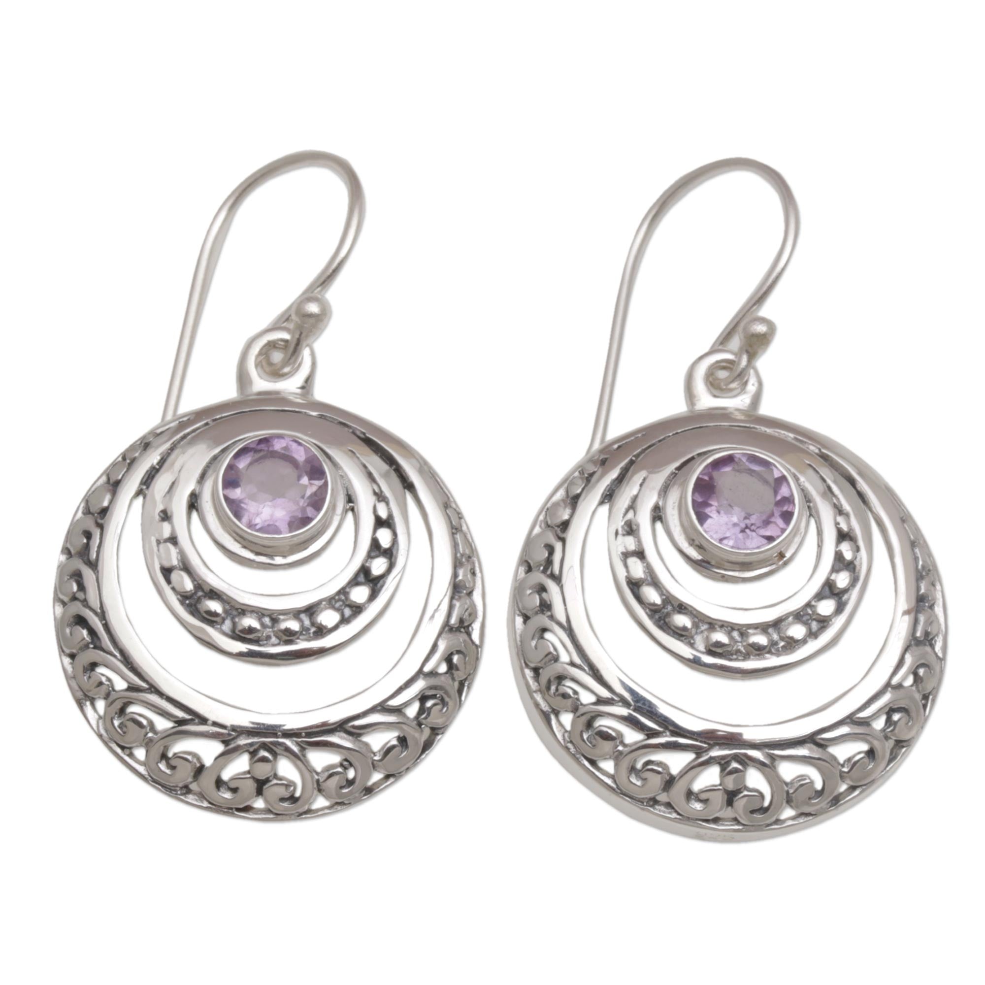 Premium Heavenly Gleam Amethyst Sterling Silver Crescent Earrings - Bali Handcrafted