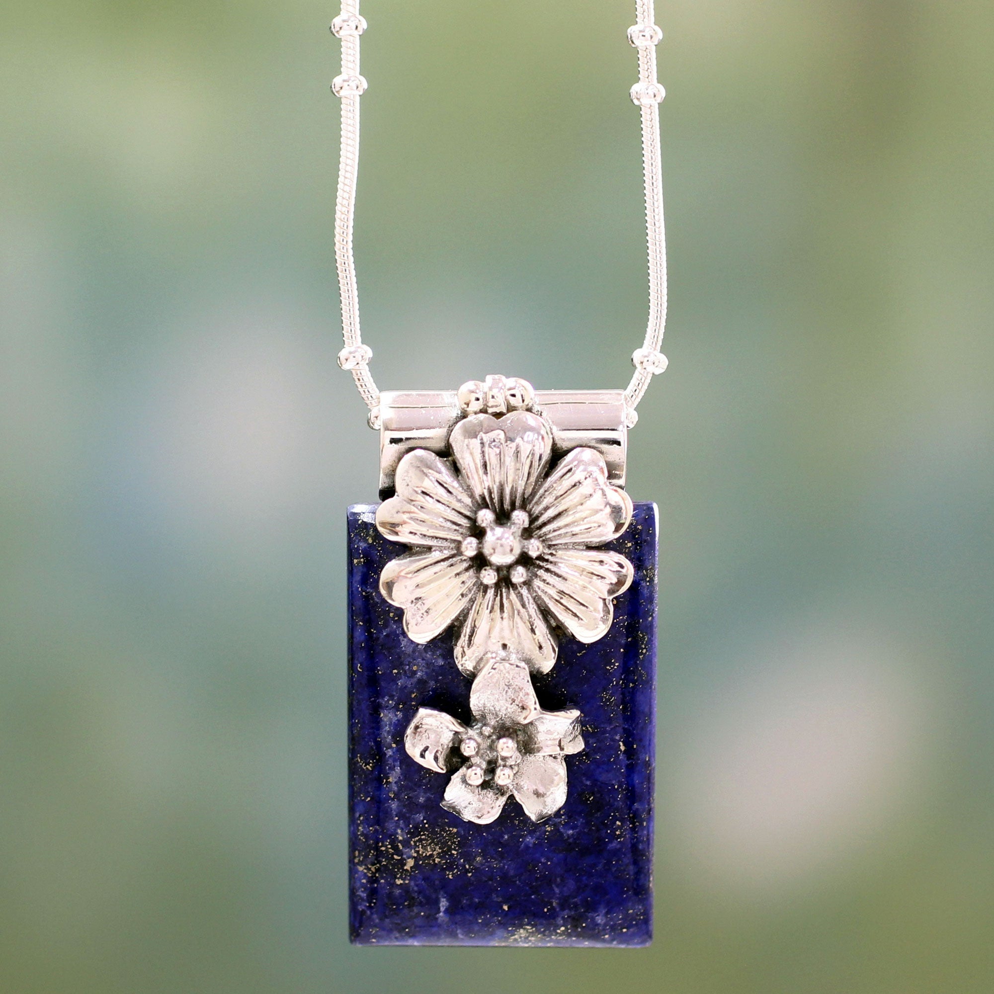 Premium Blue Lily Lapis Lazuli & Sterling Silver Pendant Necklace