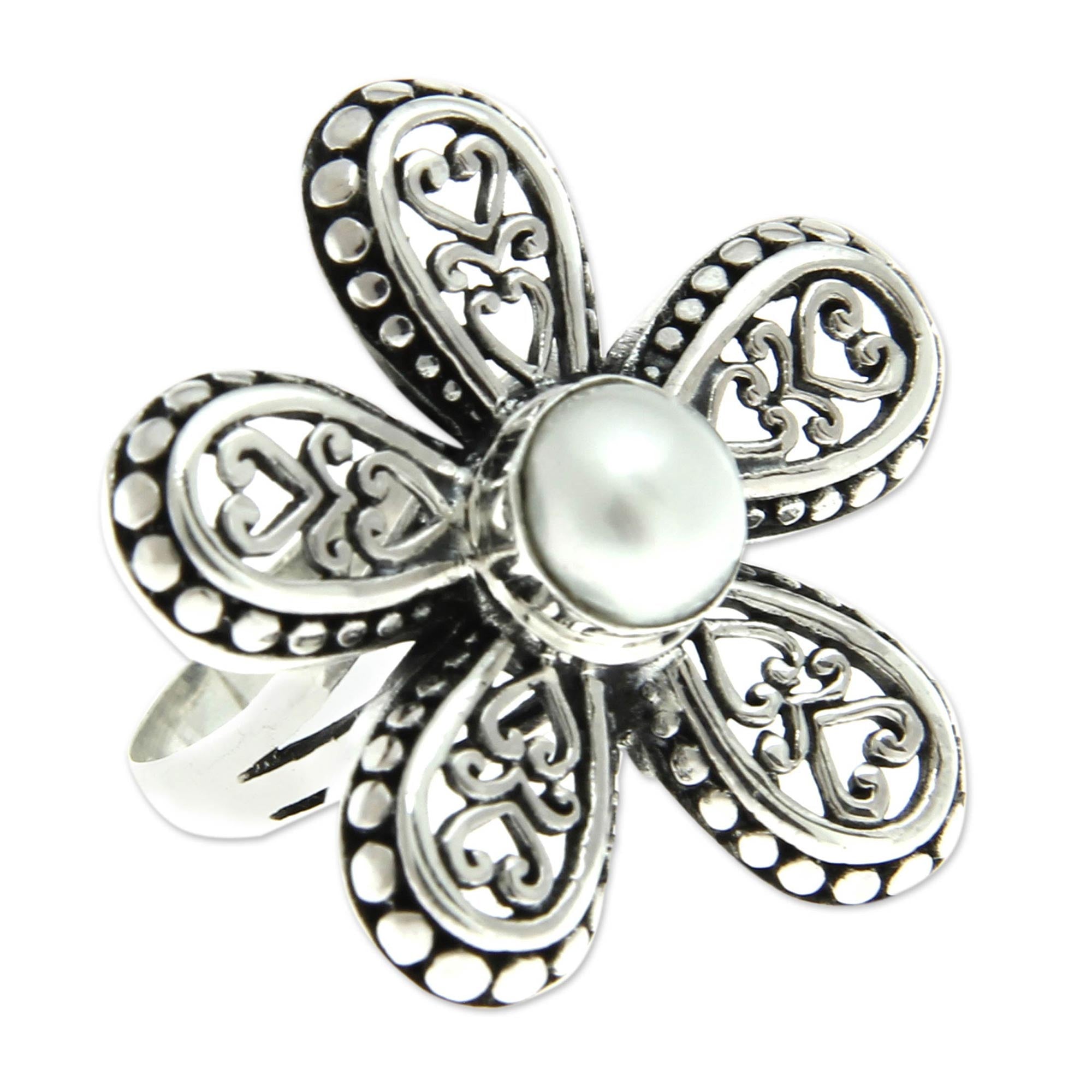 Premium White Plumeria Cultured Pearl & Sterling Silver 925 Flower Ring