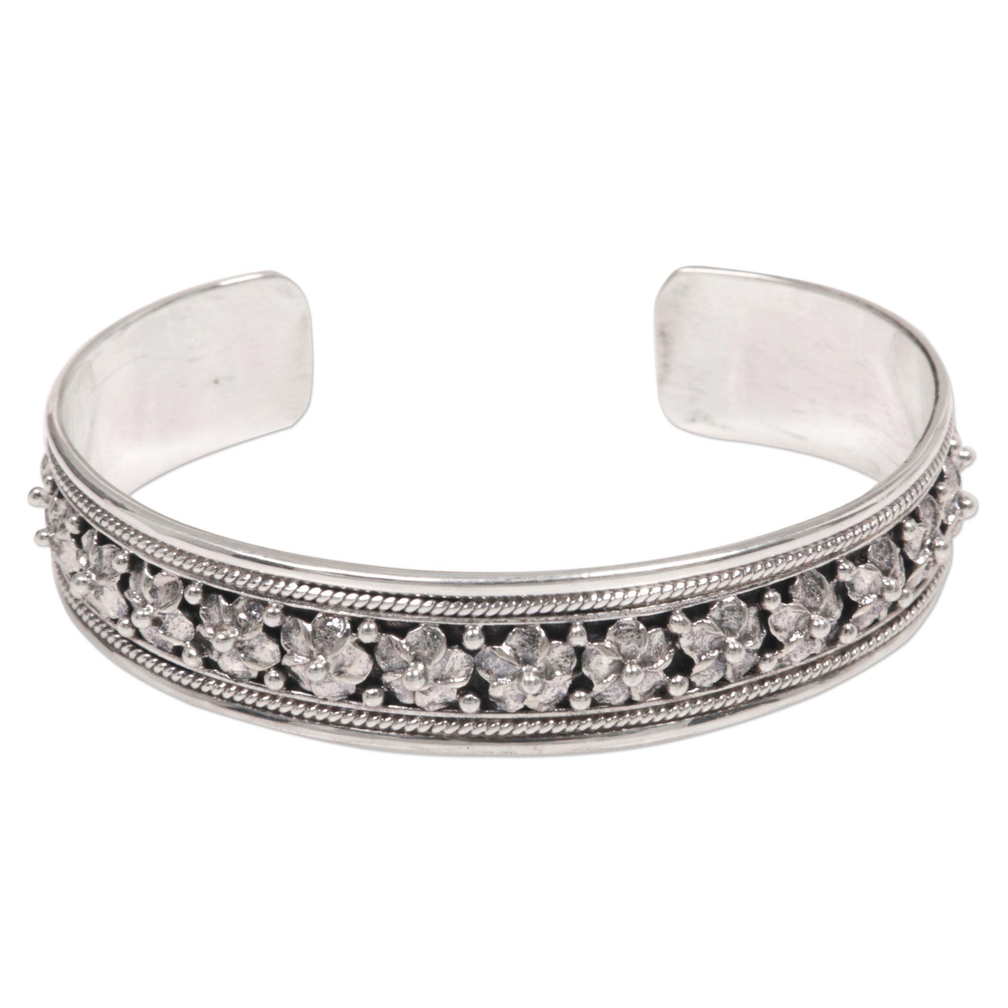 Premium Frangipani Sterling Silver Cuff Bracelet - Handcrafted Elegance