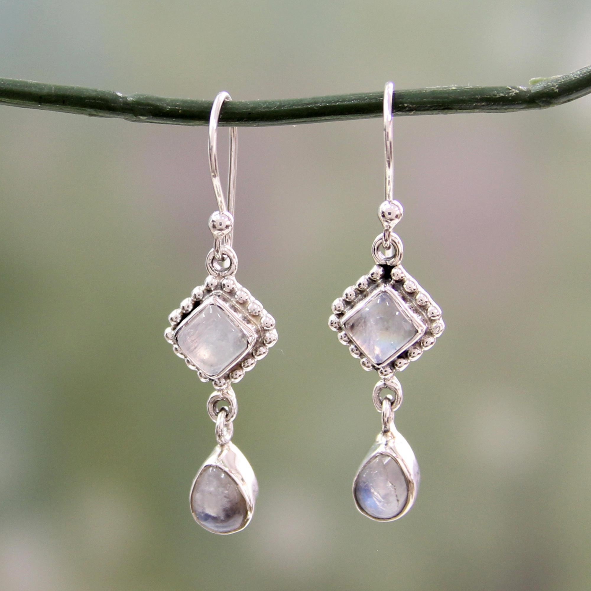 Premium Rainbow Moonstone & Sterling Silver Earrings - Handcrafted in India