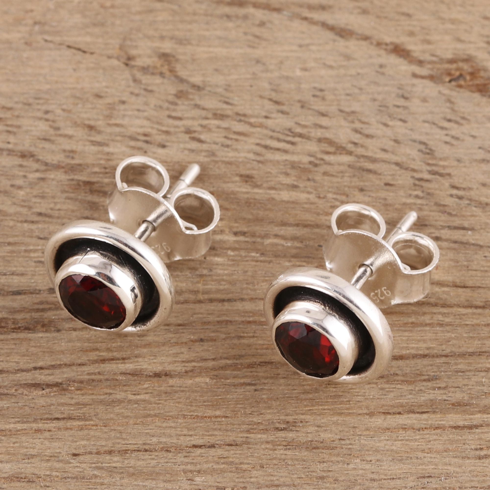 Premium Framed Sparkle Garnet Stud Earrings - Handcrafted Sterling Silver Jewelry