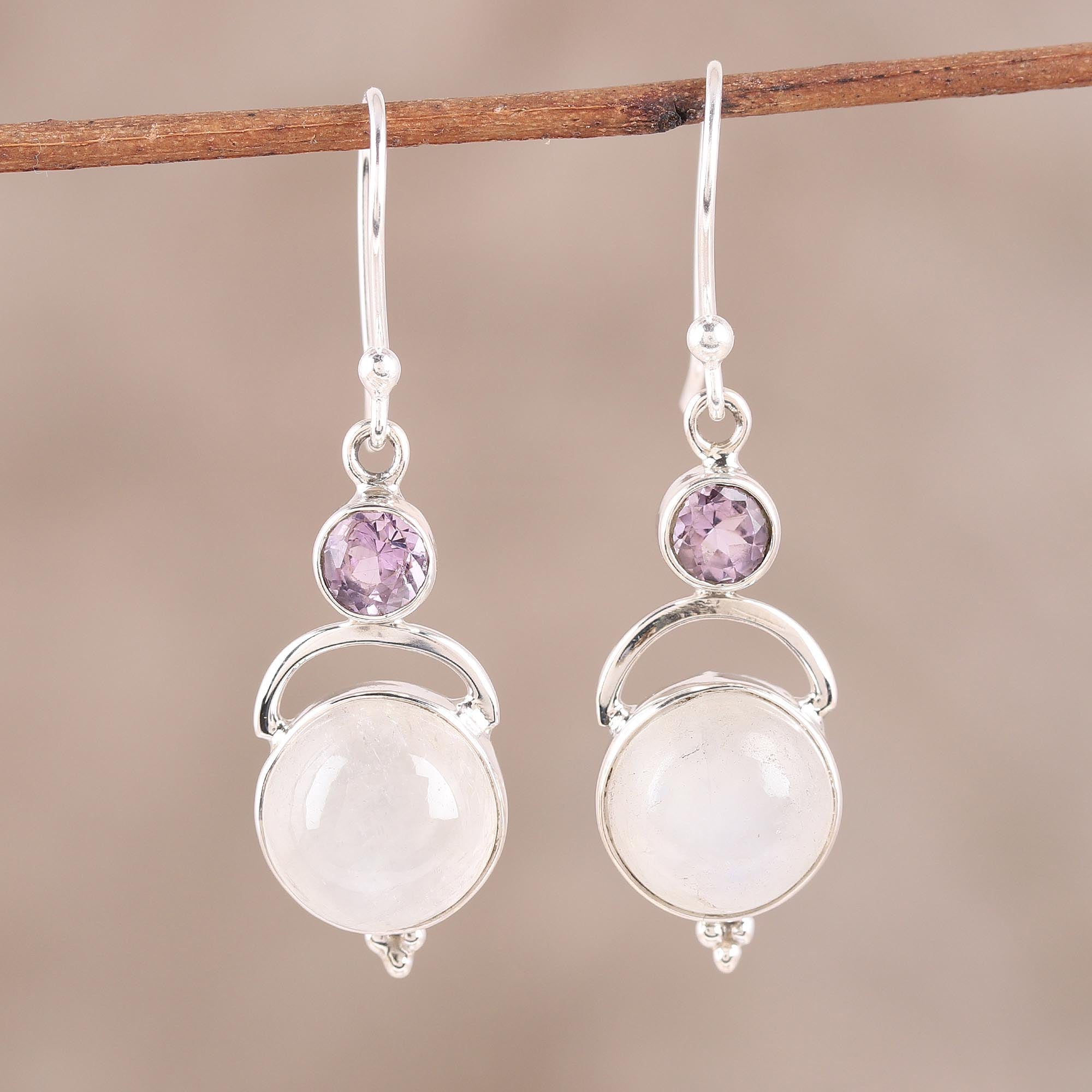 Premium Alluring Serenity Sterling Silver Rainbow Moonstone Amethyst Dangle Earrings