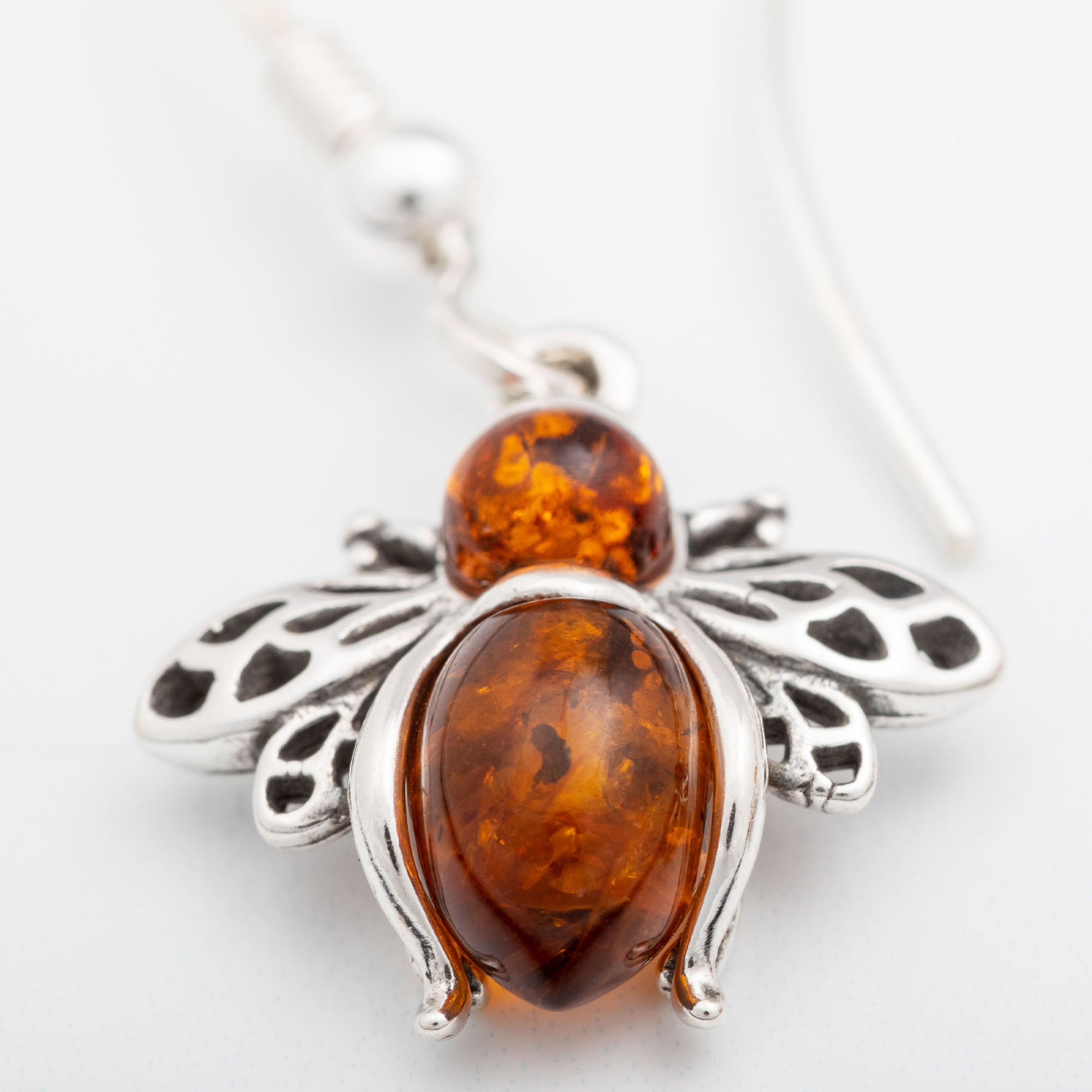 Premium Sterling Silver & Baltic Amber Bee Dangle Earrings