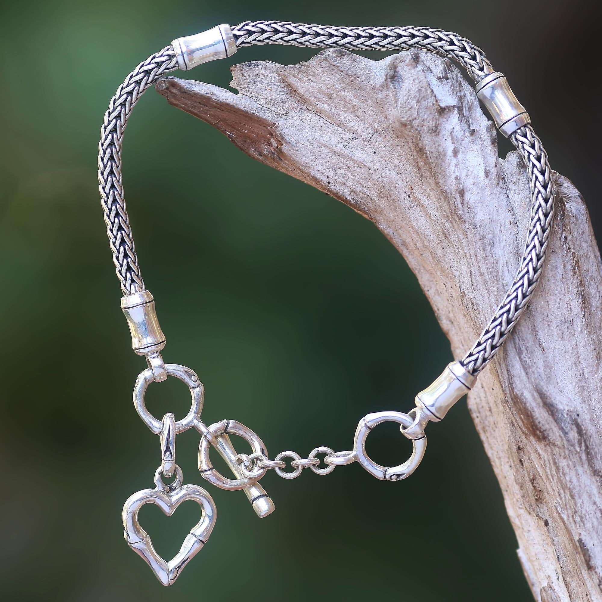 Premium Sterling Silver Bamboo Heart Charm Bracelet - Balinese Inspired Design