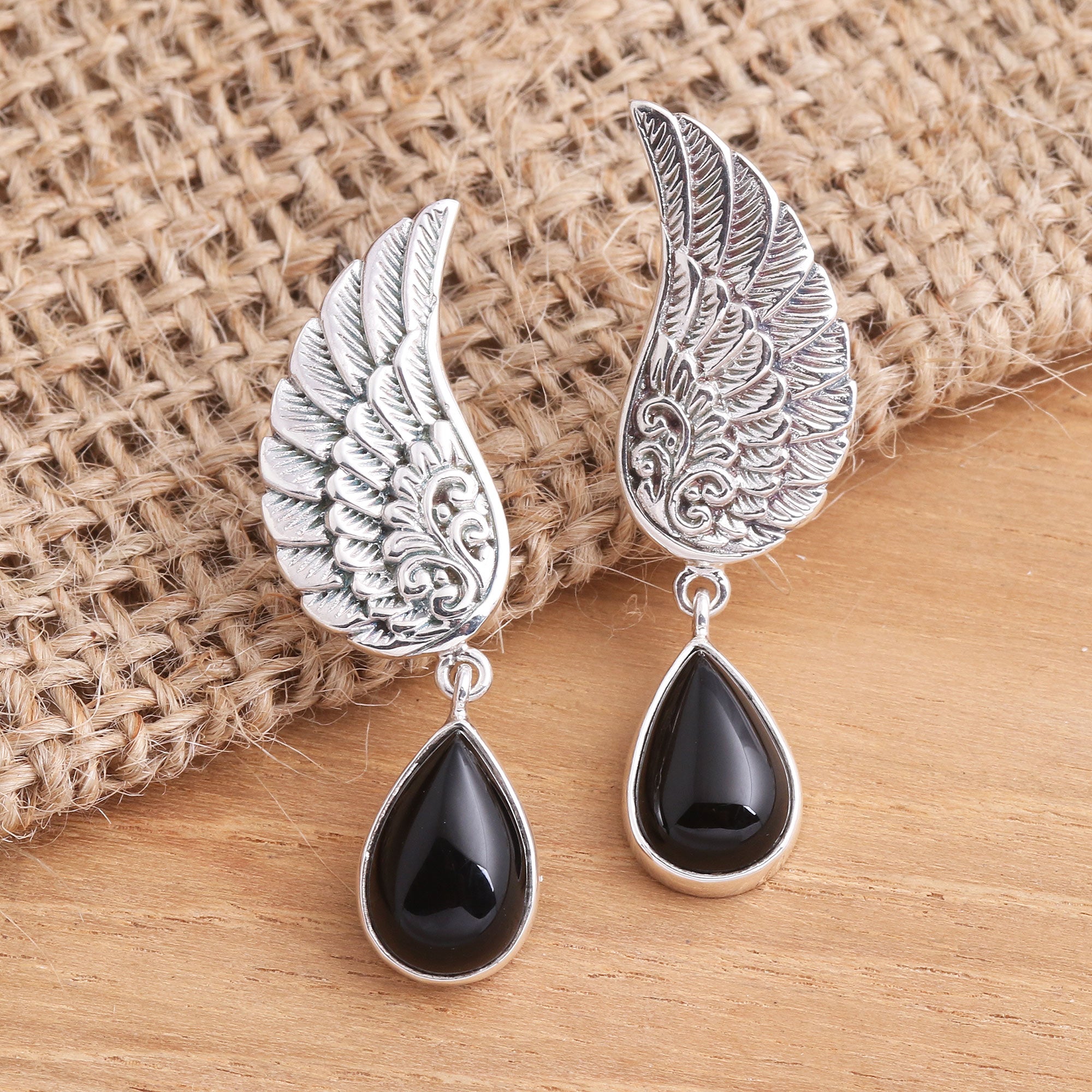 Premium Midnight Onyx Sterling Silver Dangle Earrings - Elegant Wing Design