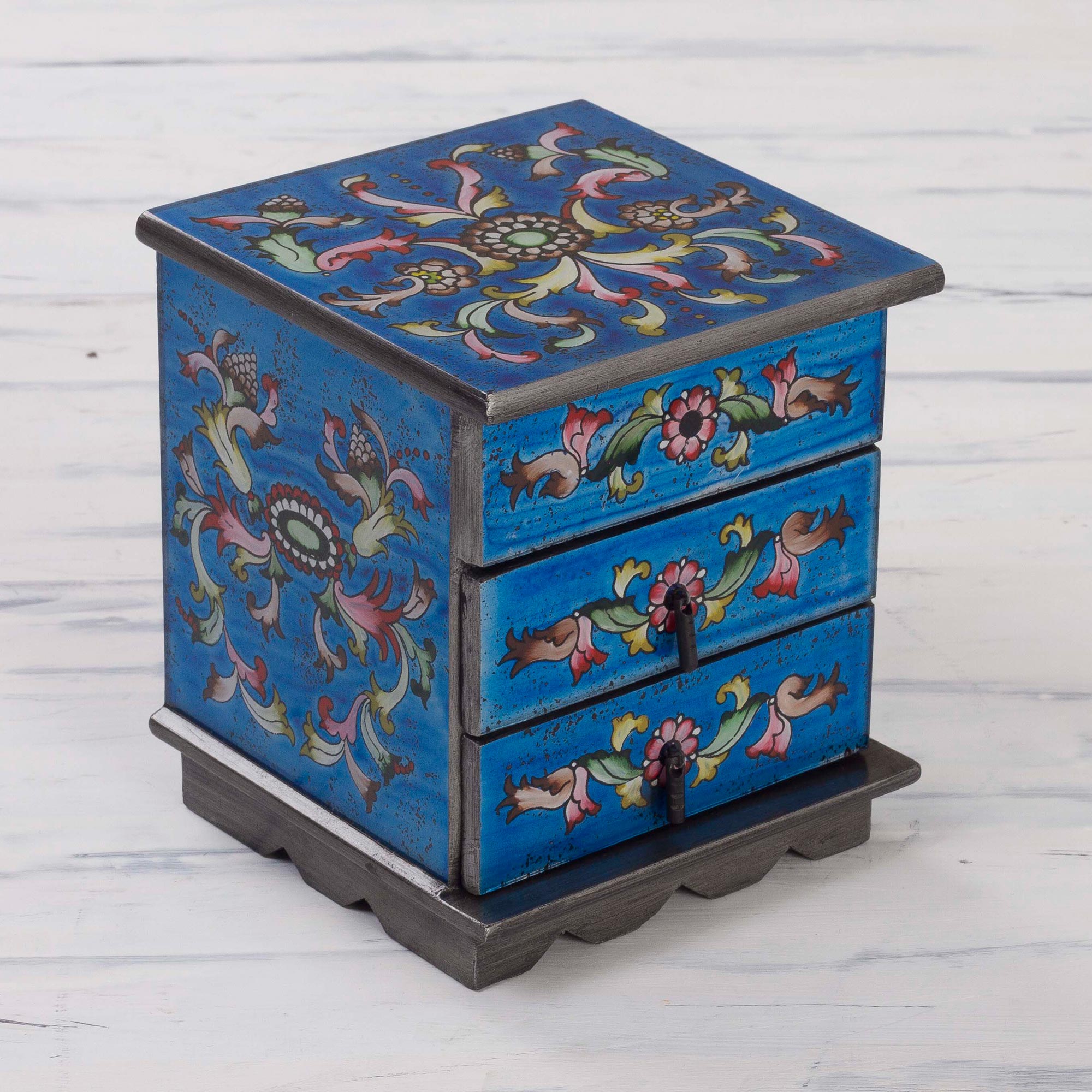 Premium Celestial Blue Hand-Painted Glass Jewelry Chest with Mirror