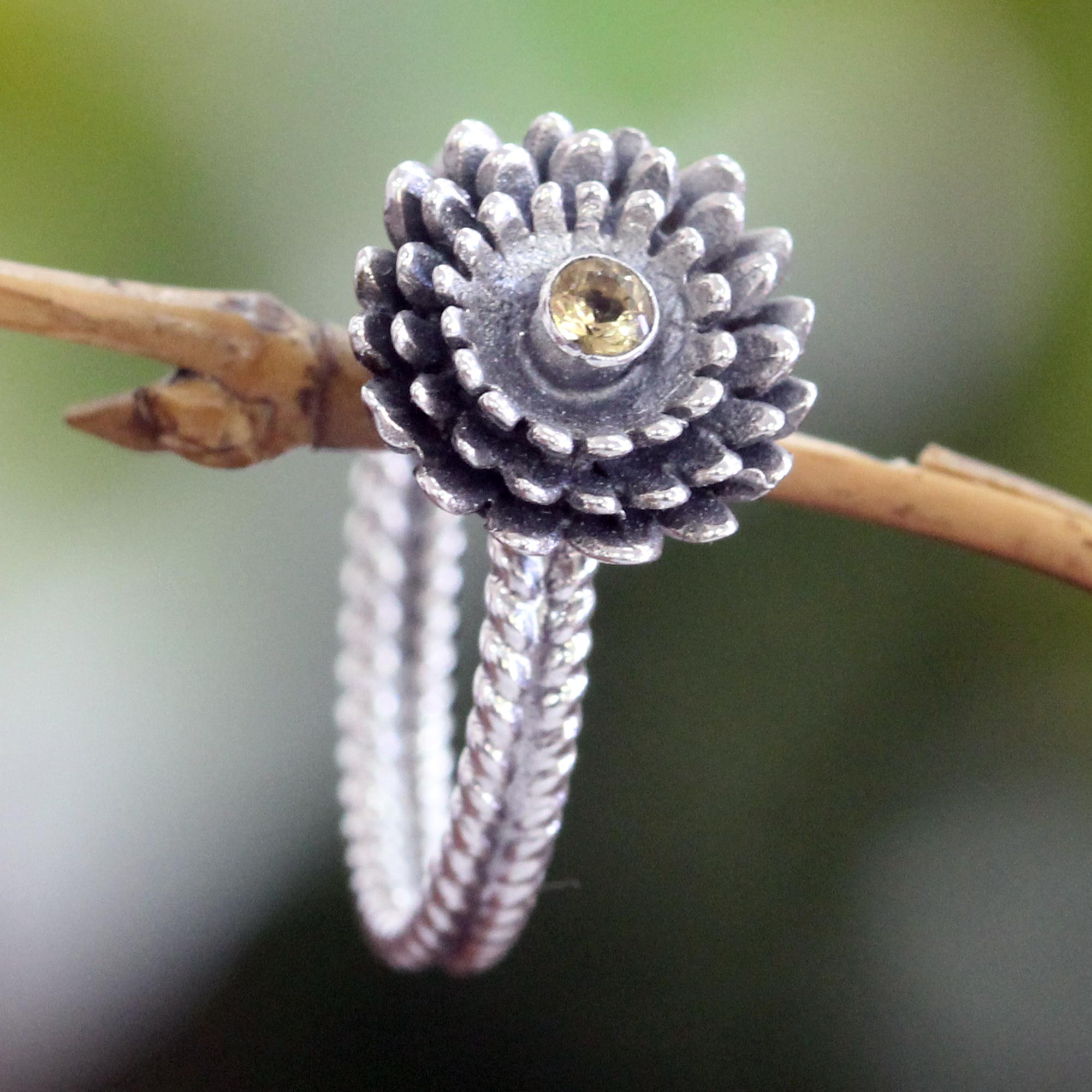 Premium November Chrysanthemum Citrine Sterling Silver Ring – Handcrafted Elegance